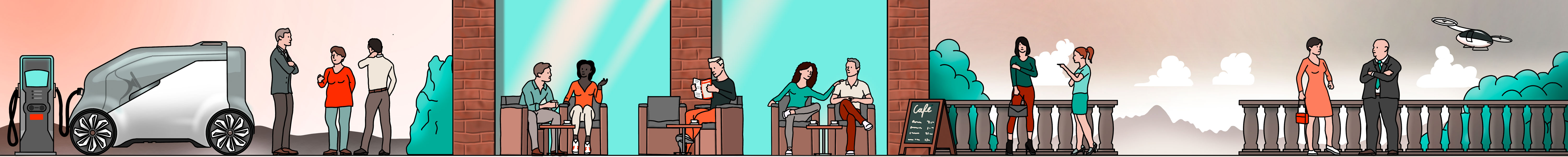 Urbane Szene mit Strßencaffee. Illustration von Johannes Gündel