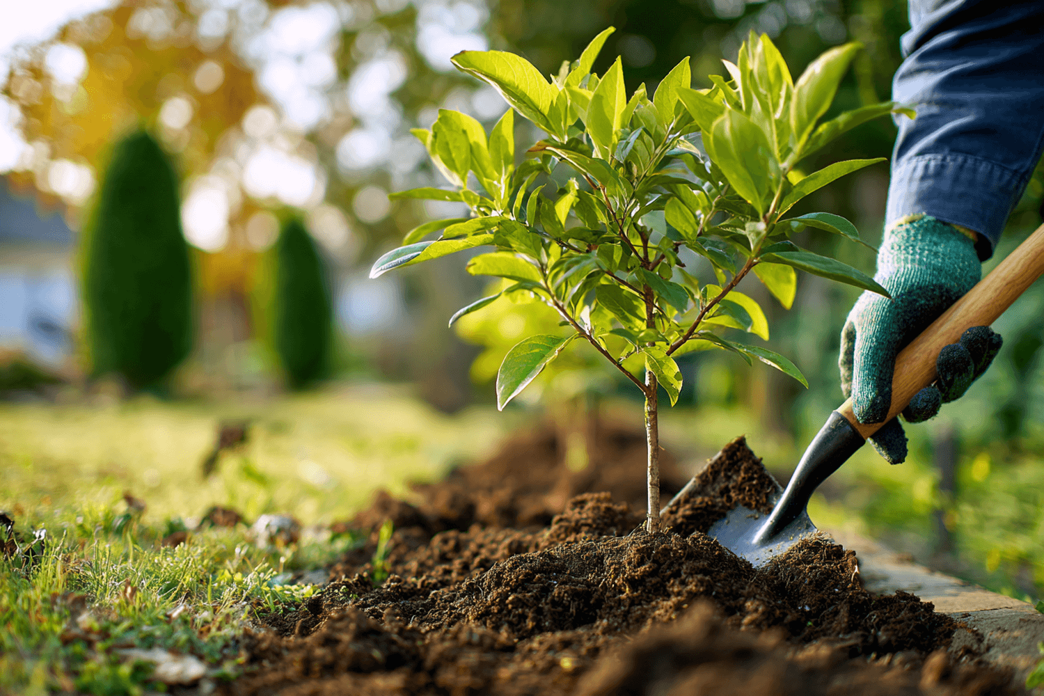 A person in a blue shirt and green gardening glove uses a trowel to plant a small, leafy sapling in dark, rich soil. The sunlit garden background is softly blurred, emphasizing themes of growth and nature.