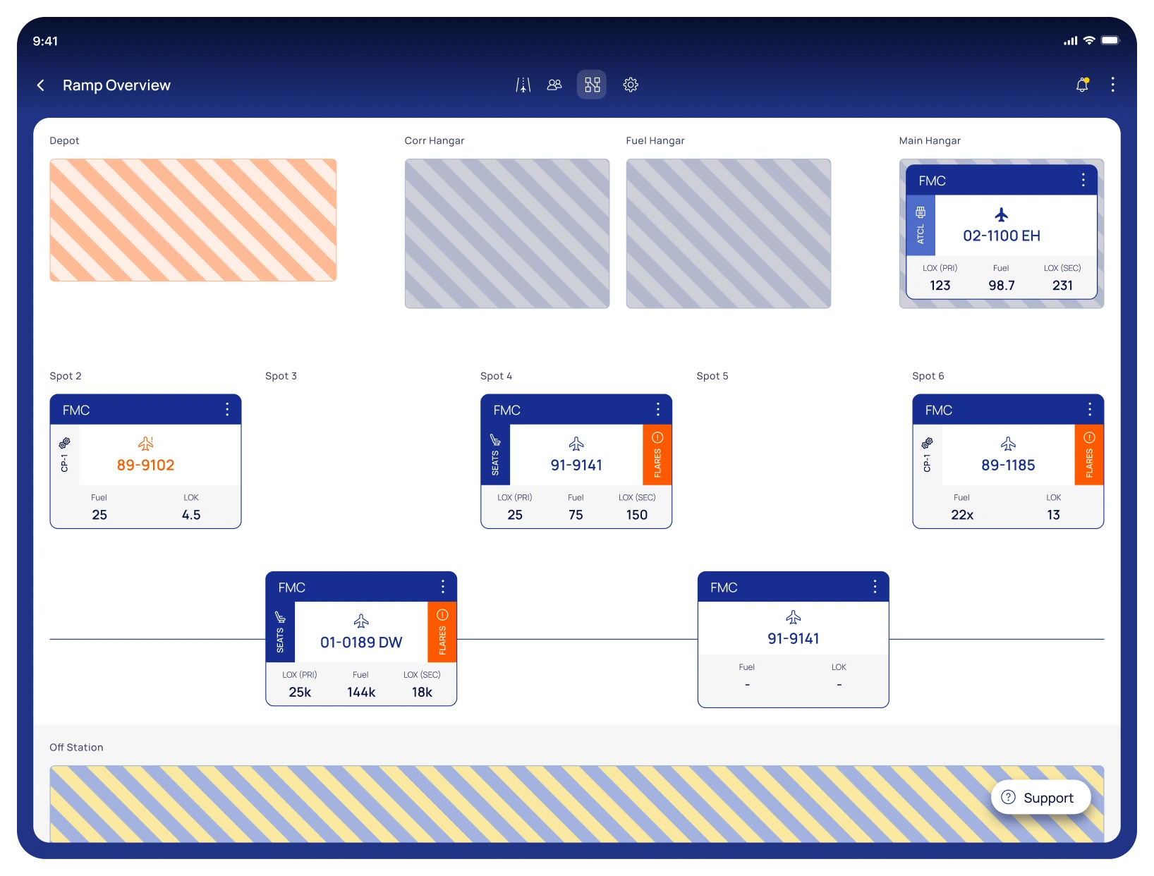 Tablet screen showing a ramp overview with labeled depot zones, hangars, and spots displaying aircraft info cards including fuel levels and LOX values.