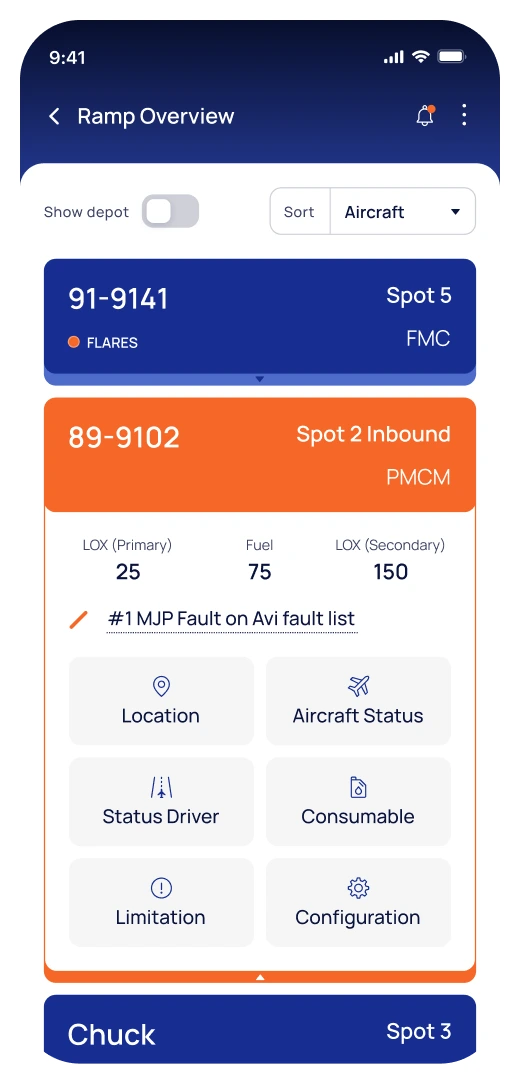 Mobile app screen showing a ramp overview with aircraft details, fuel levels, fault alert, and options for location, aircraft status, driver status, consumables, limitations, and configuration.