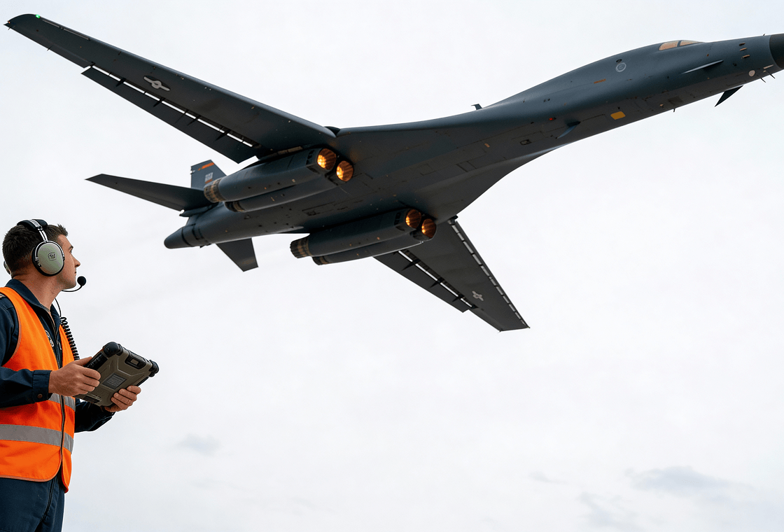 Technician in blue coveralls and camouflage hat inspecting airplane landing gear with a flashlight in a hangar.