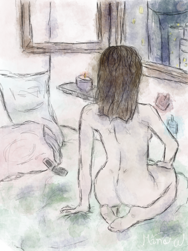 Digital drawing of a naked girl sitting in front of an open window in the summer night.