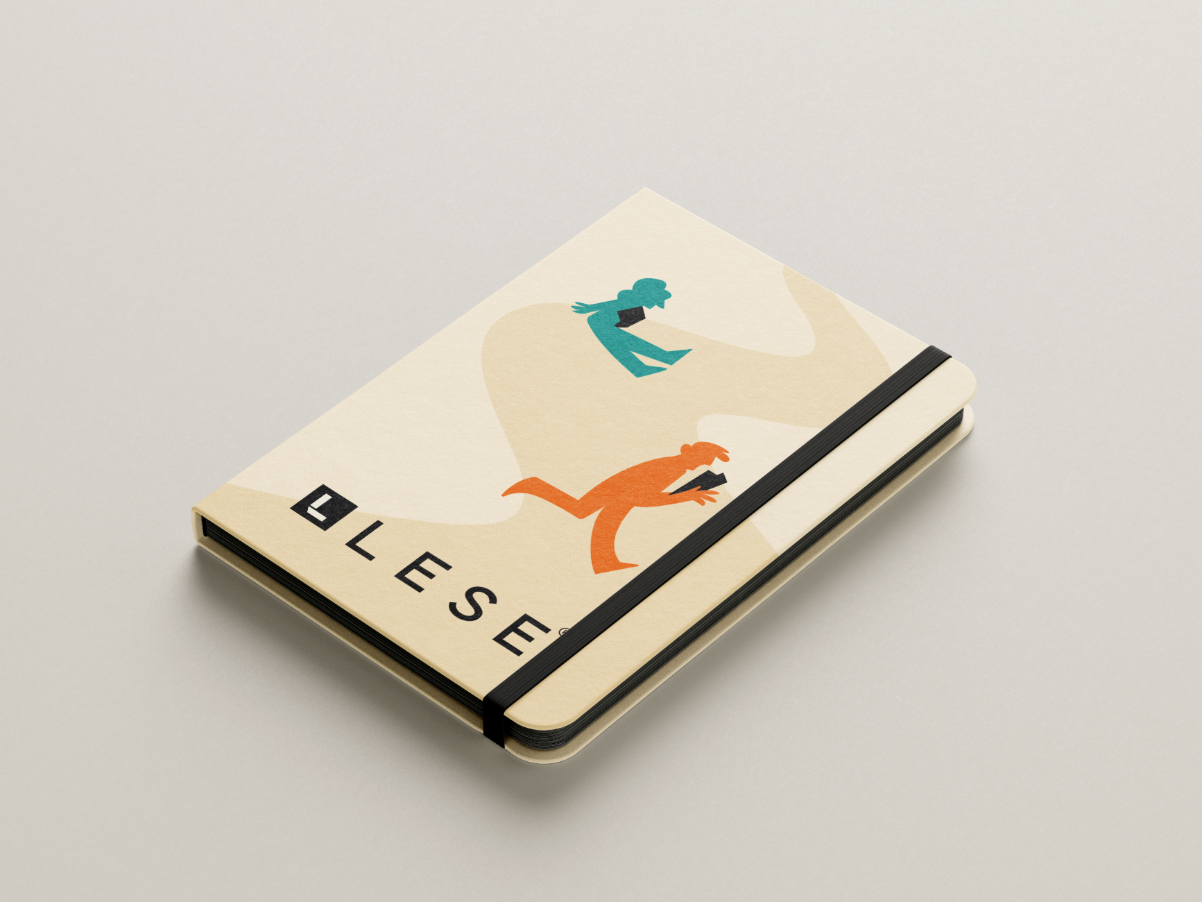 Mockup of notebook with LESE and illustrations on the front.
