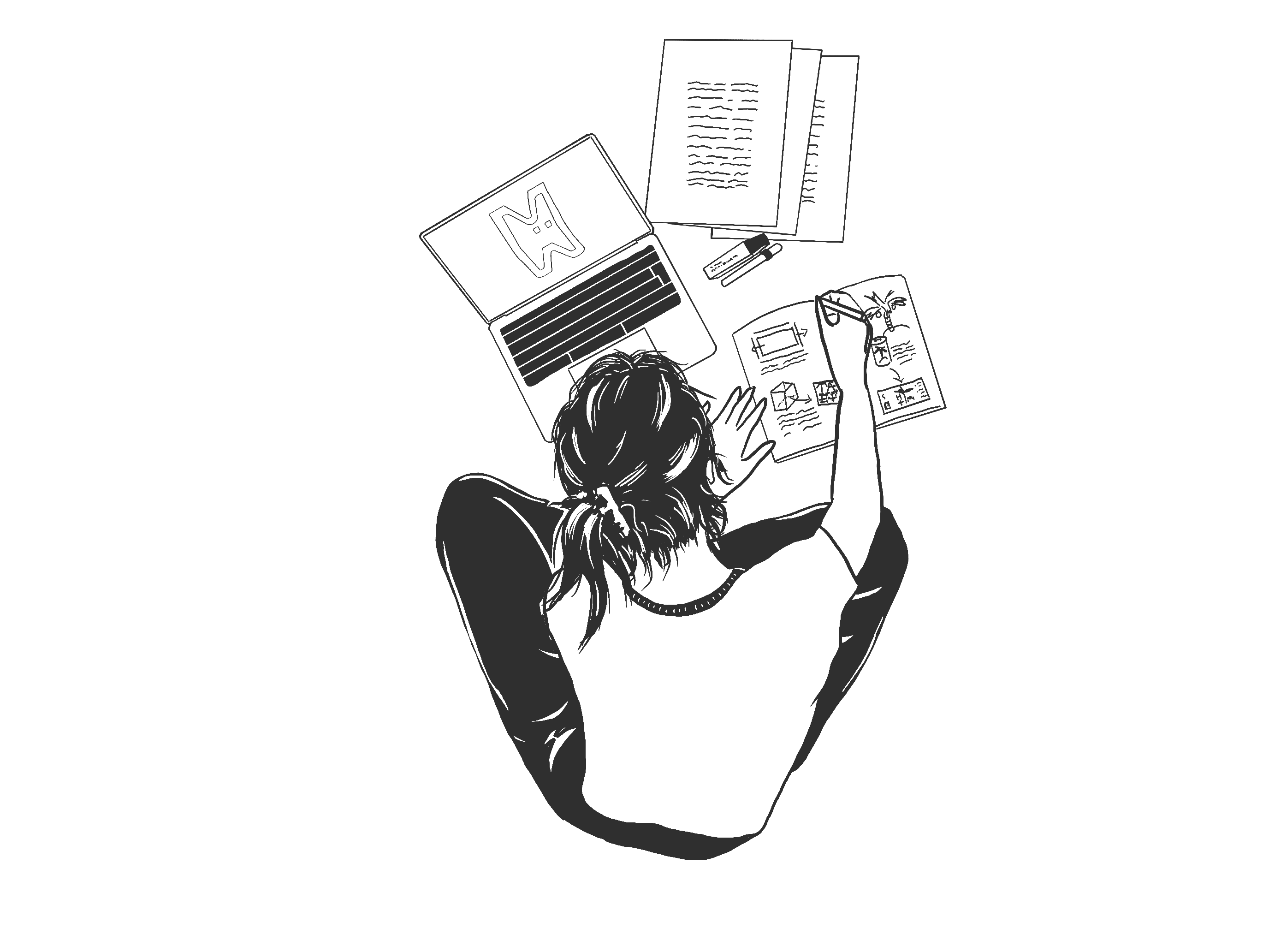 Top view of a person drawing diagrams on a notebook with a laptop and papers on the desk.