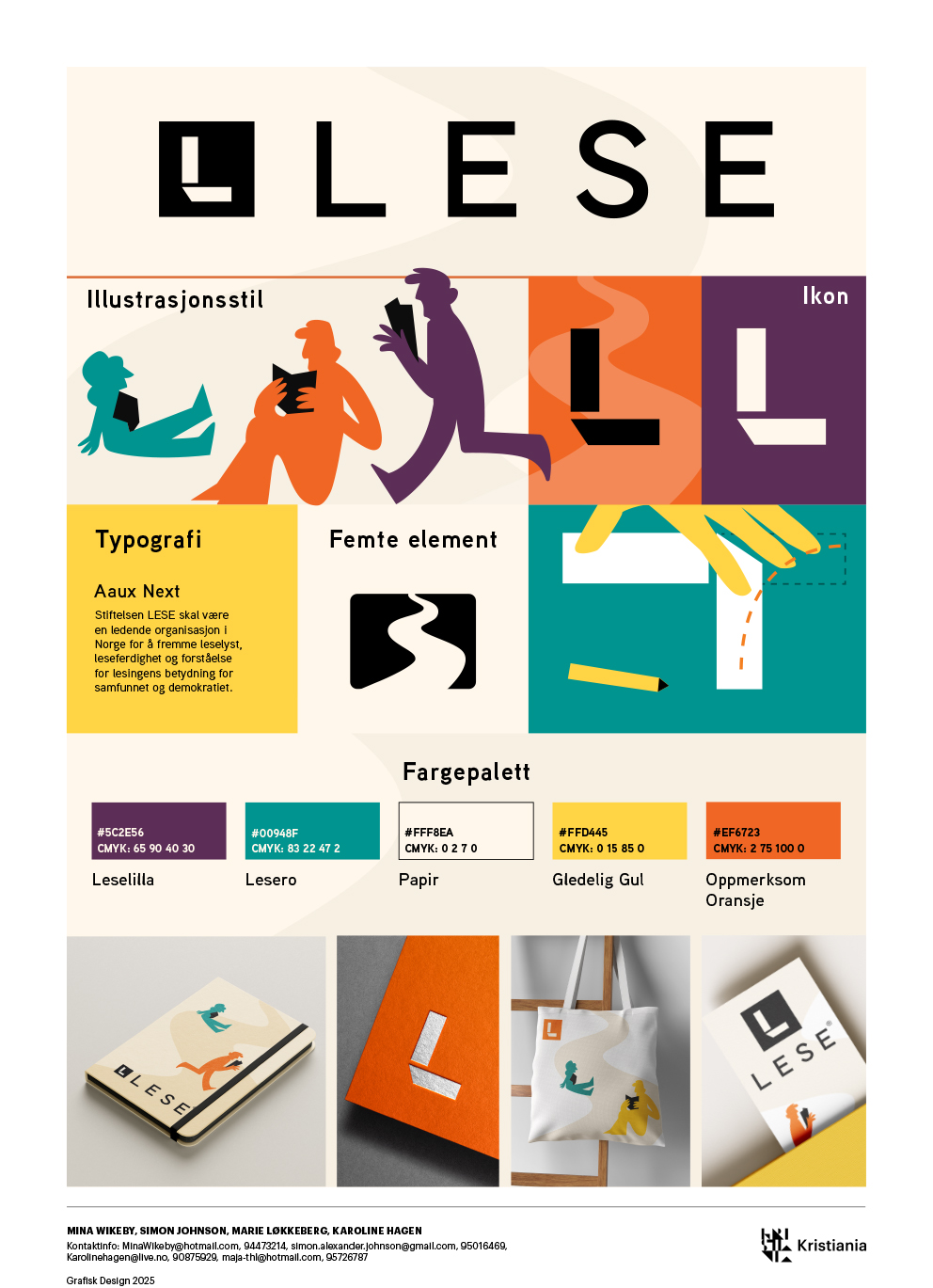 Salgsplakat LESE, med logo,  illustrasjon, typografi, fargepalett og mockups.