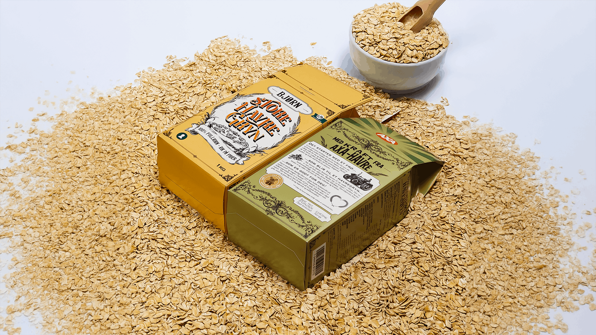 Packages of Bjørn and AXA oatmeal surrounded by loose oats and a bowl with a wooden scoop.