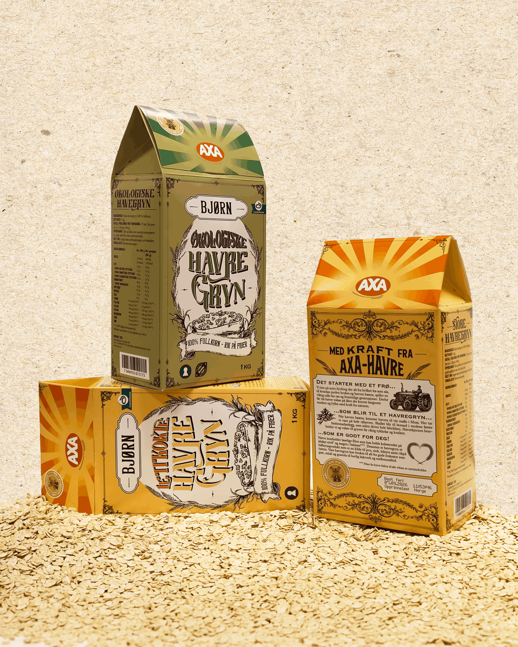 Three AXA oat grain packages on a pile of loose oats with vintage-style designs in green and orange tones.
