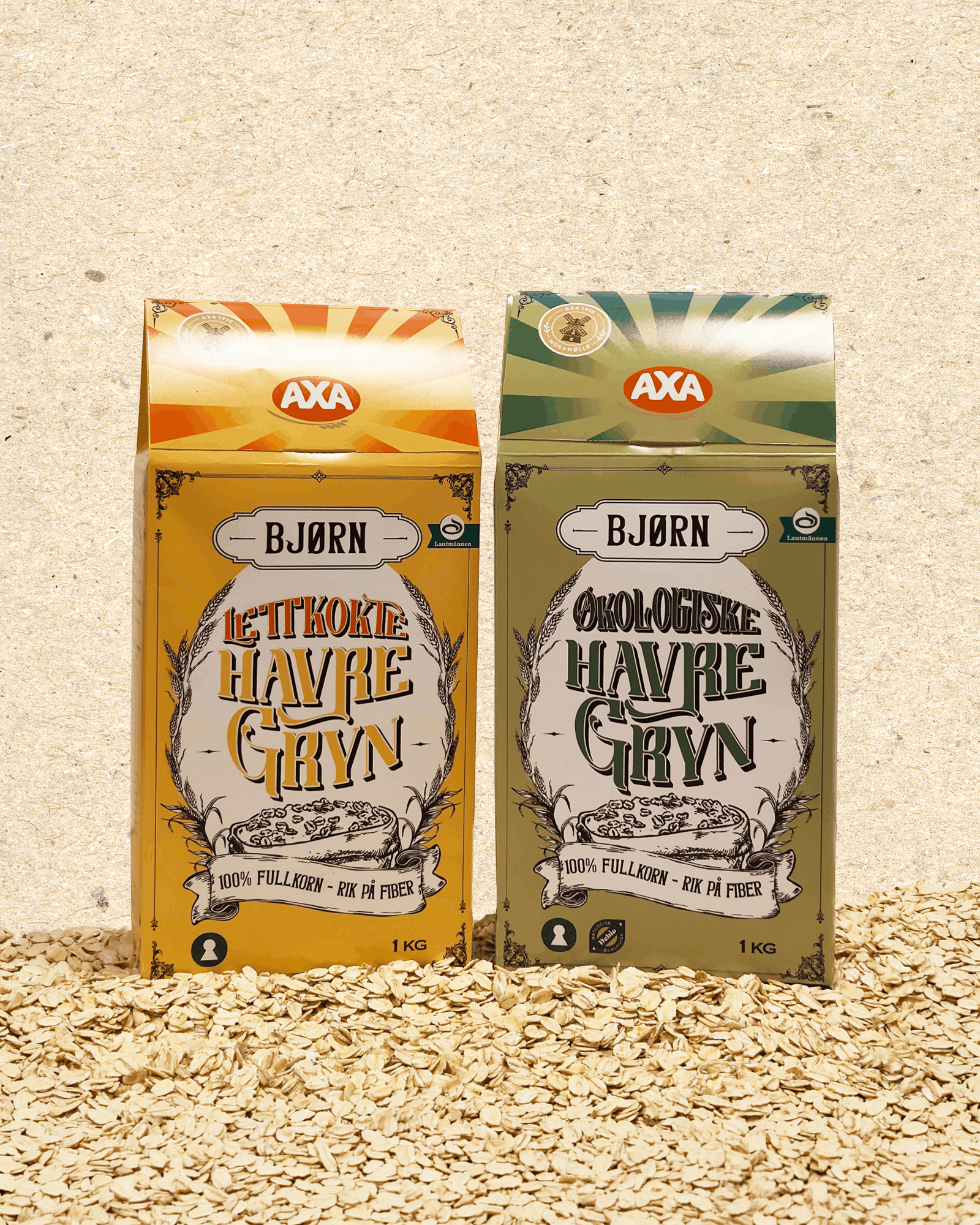 Two 1 kg packages of AXA Bjørn oat flakes on a bed of oats, one yellow and one green.