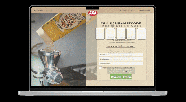 Laptop screen with a campaign code entry form for AXA KitchenAid promotion and flour pouring into a grinder.