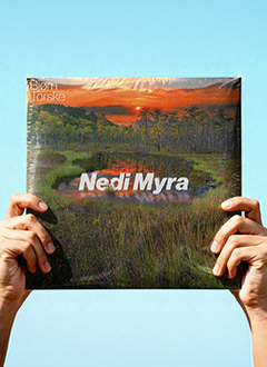 Hands holding a vinyl record cover titled 'Nedi Myra' with a sunset landscape background.