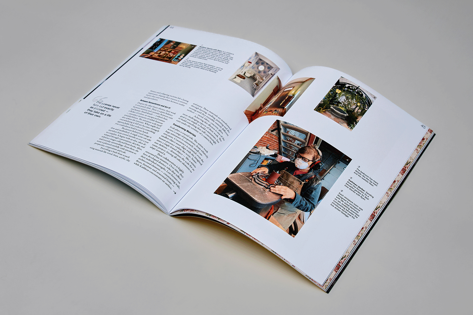 Open magazine showing article with photos including person wearing safety gear working with power sander.