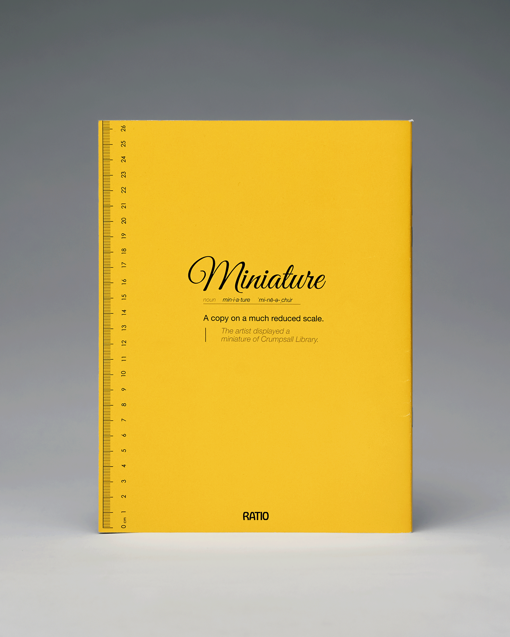 Yellow book cover titled Miniature with a definition and a centimeter ruler on the left side.
