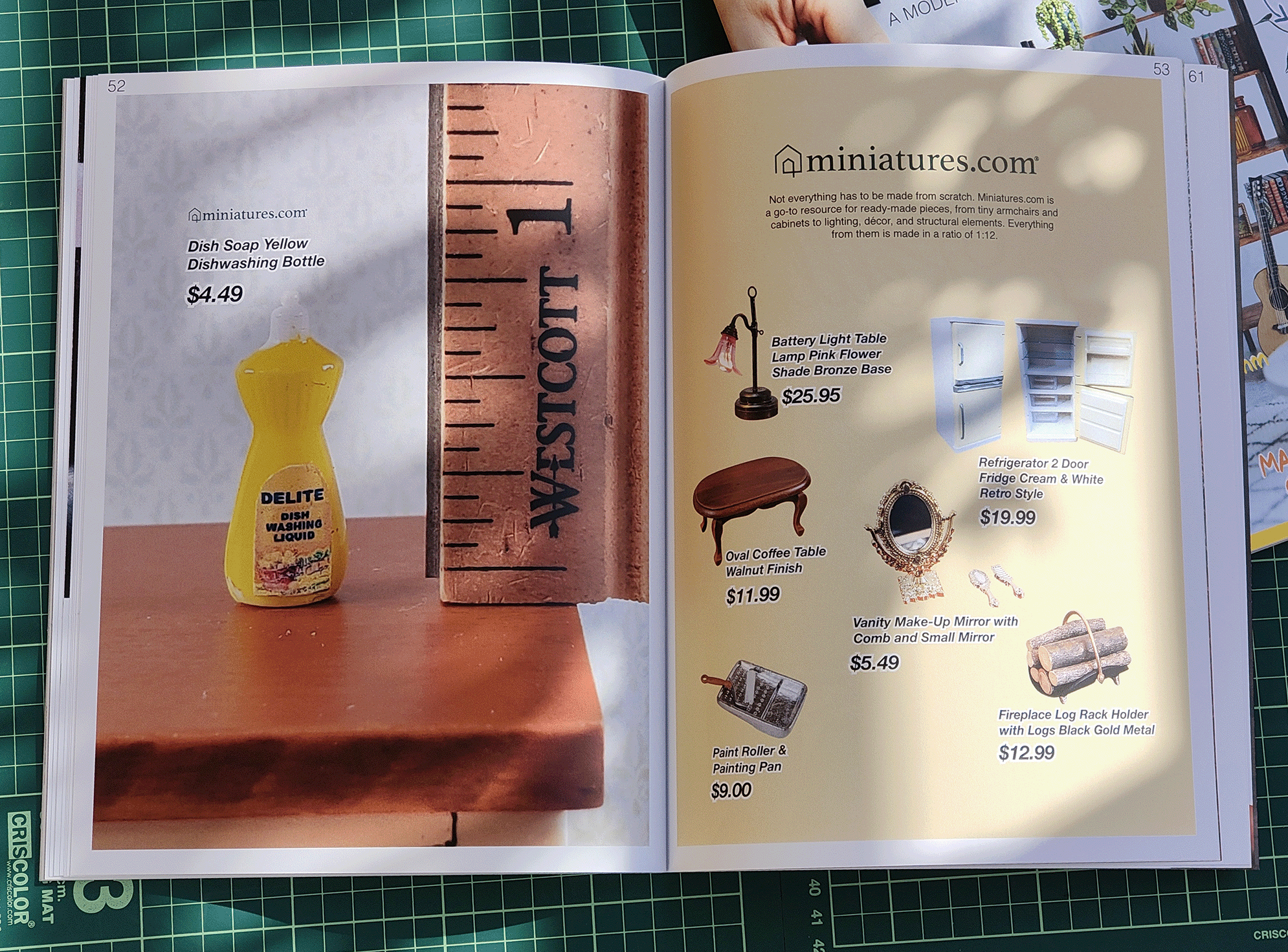 Open catalog shows miniature dish soap bottle and six miniature furniture and decor items with prices.