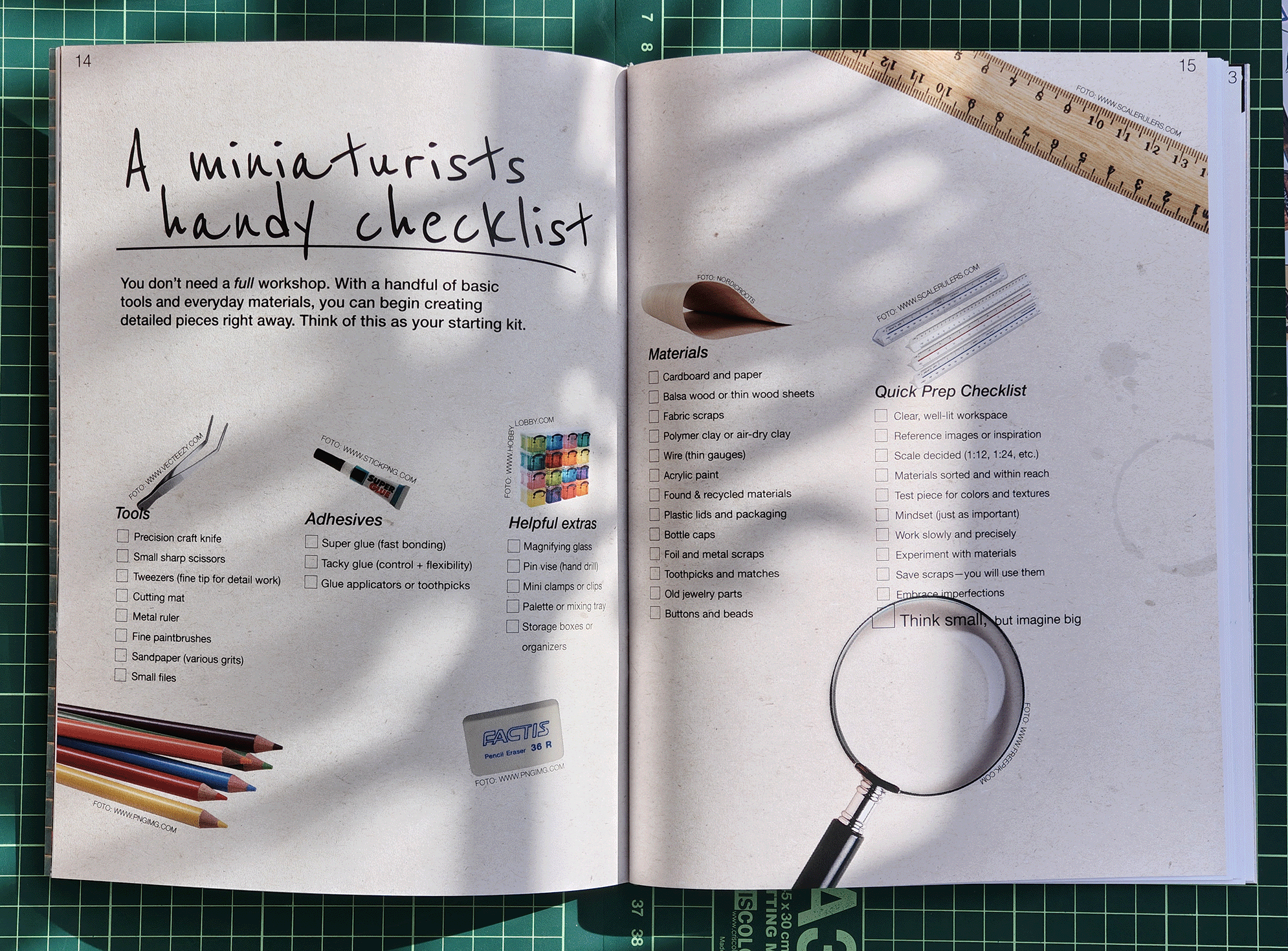 Open book checklist titled 'A miniaturist's handy checklist' with tools, adhesives, materials, and prep list.