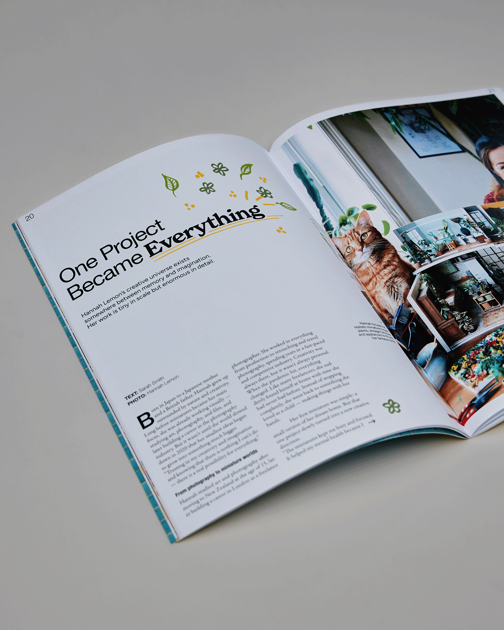 Open magazine spread features article titled 'One Project Became Everything' with photo of an orange cat.