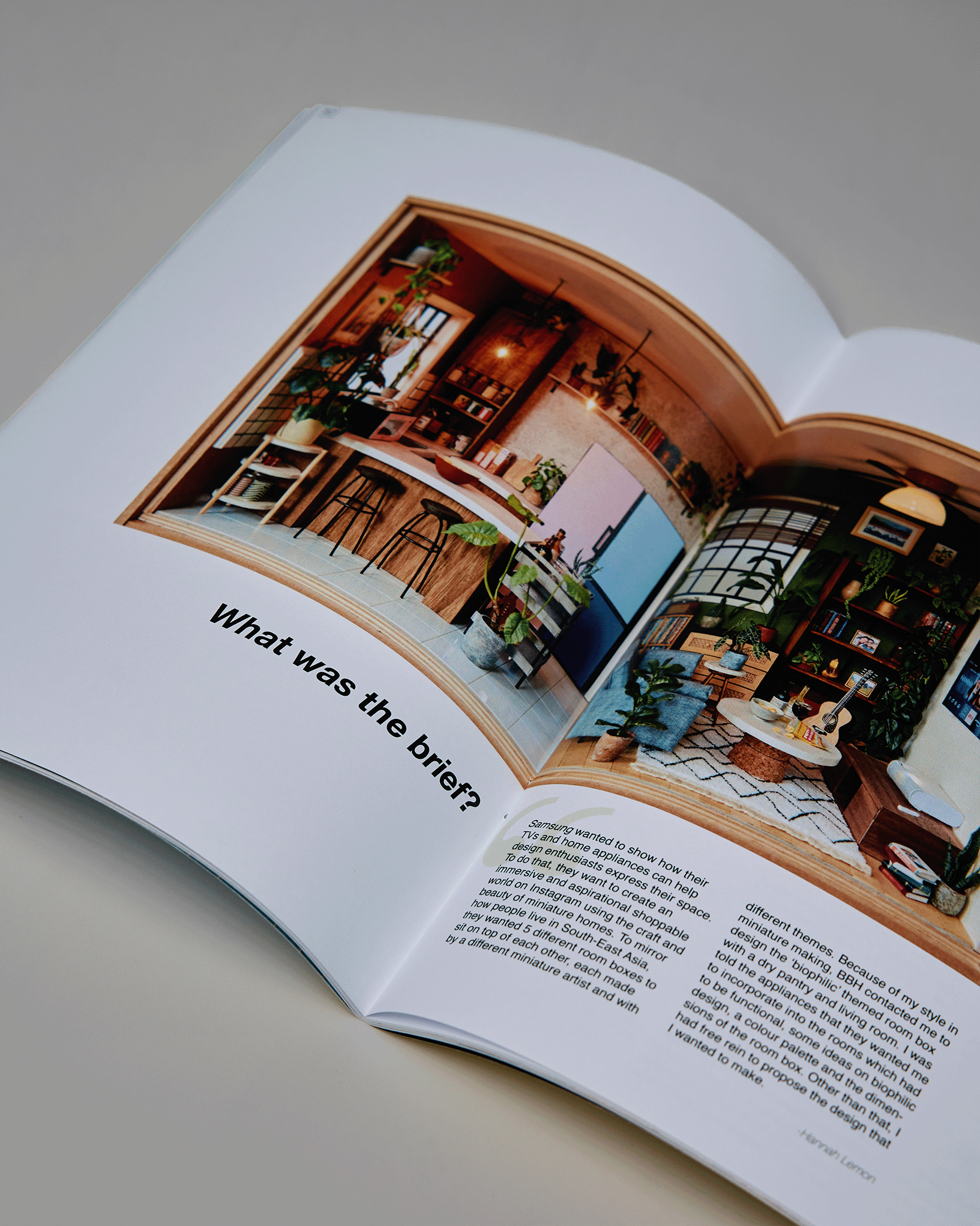 Open magazine showing home interior photos and text under the bold heading, 'What was the brief?'