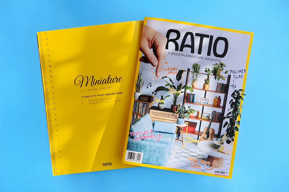 Open magazine titled 'RATIO' showing a miniature room with labeled plants, furniture, and materials on blue background.