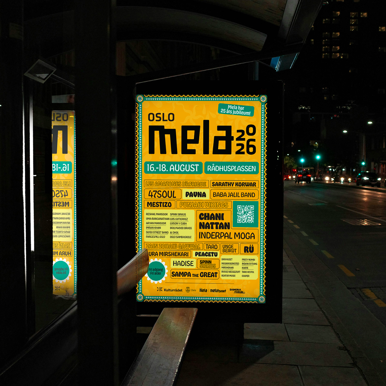 Bright poster at night promoting Oslo Mela 2026 festival, August 16-18 at Rådhusplassen with artist names.