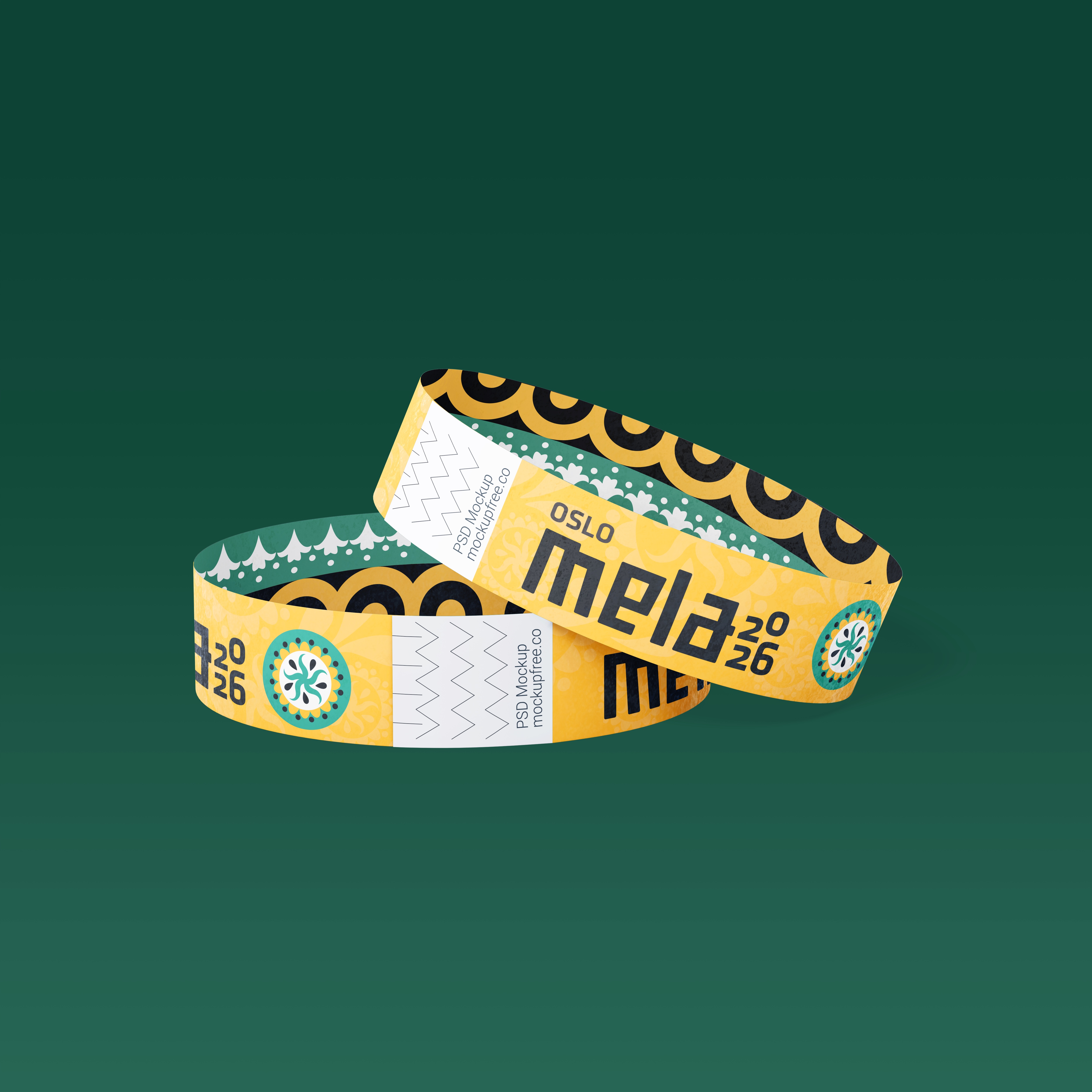 Two yellow Oslo Mela 2026 event wristbands with decorative patterns on a green background.
