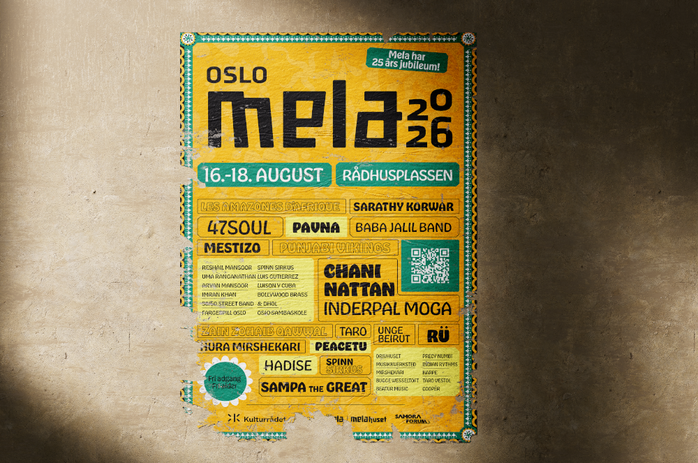 Yellow poster for Oslo Mela 2026 music festival, August 16-18 at Rådhusplassen with artist names listed.