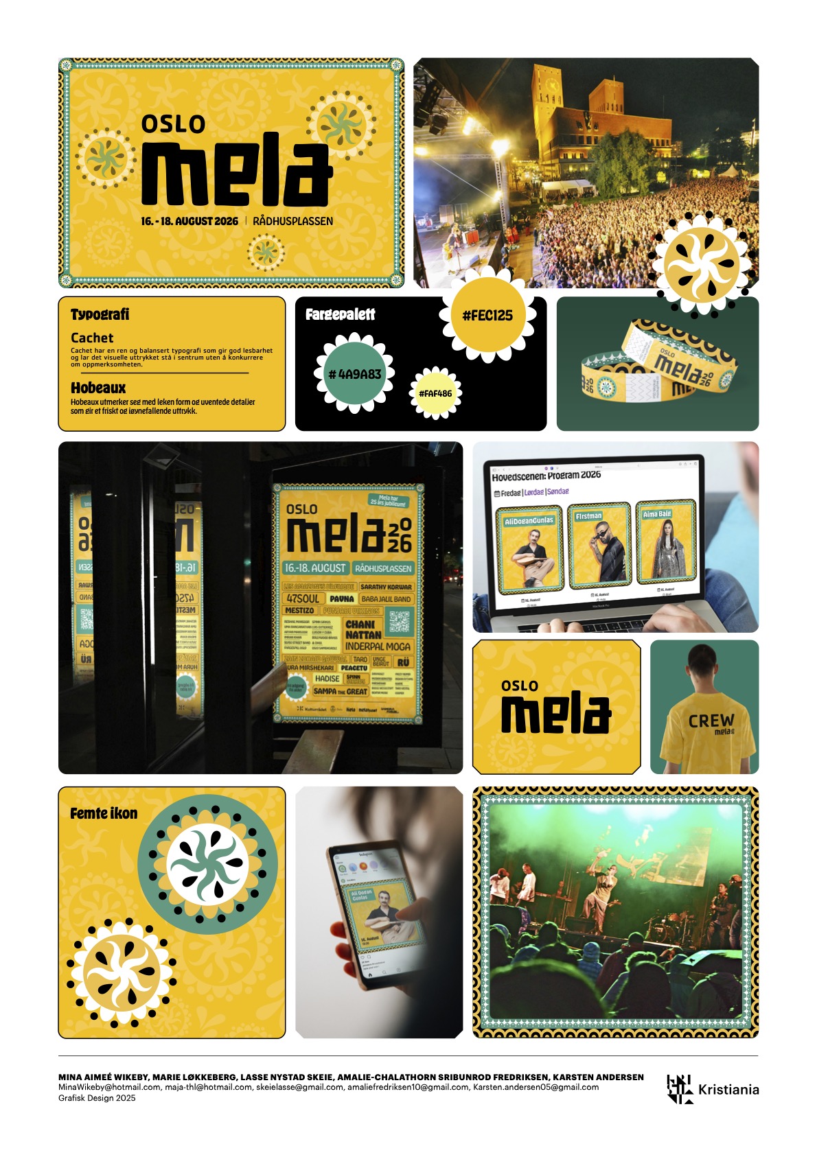 Poster and branding for Oslo Mela 2026 festival with event details, logos, color palette, photos, and website.