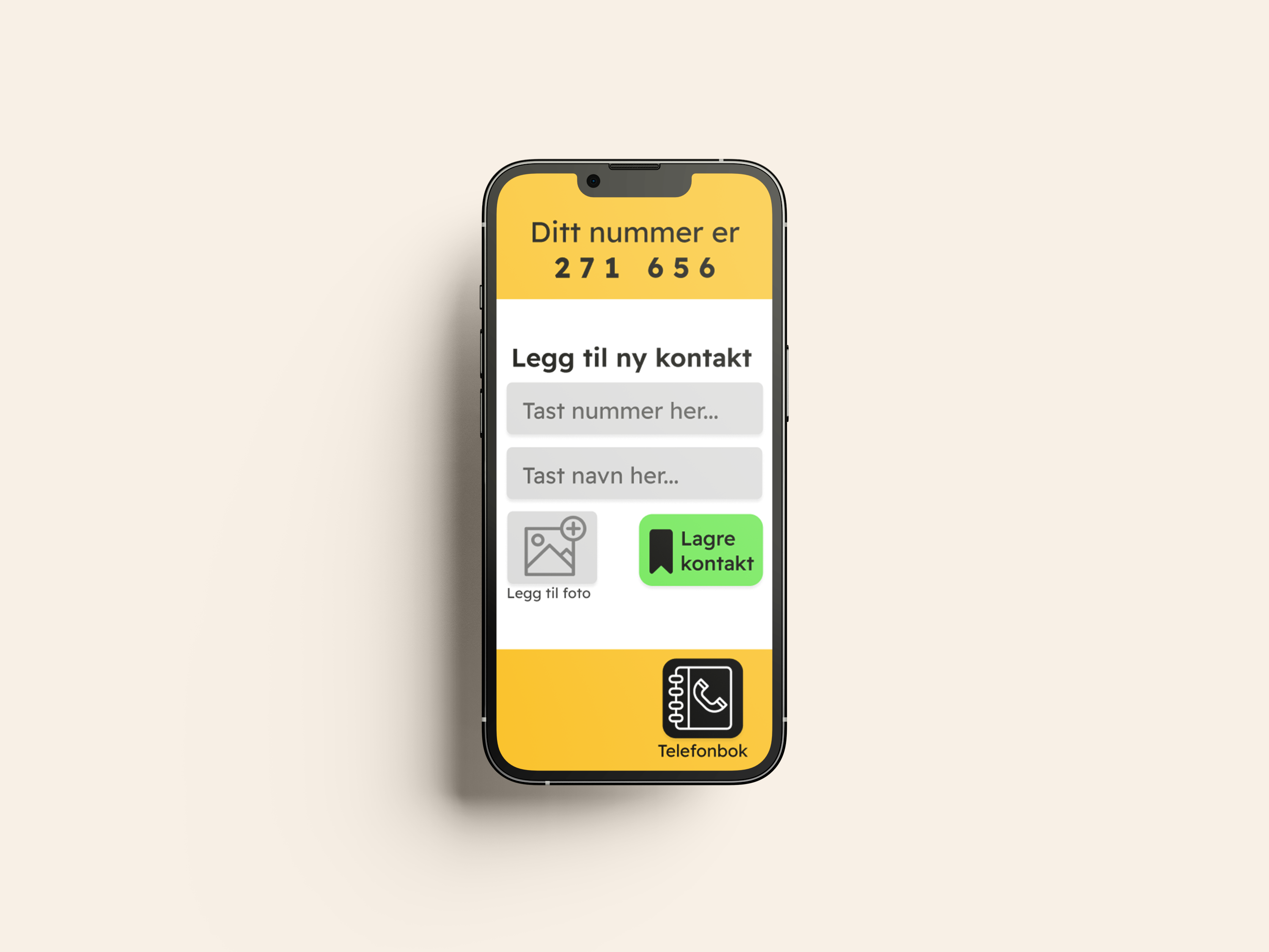 Smartphone screen showing form to add a contact with number, name, photo, and save button.