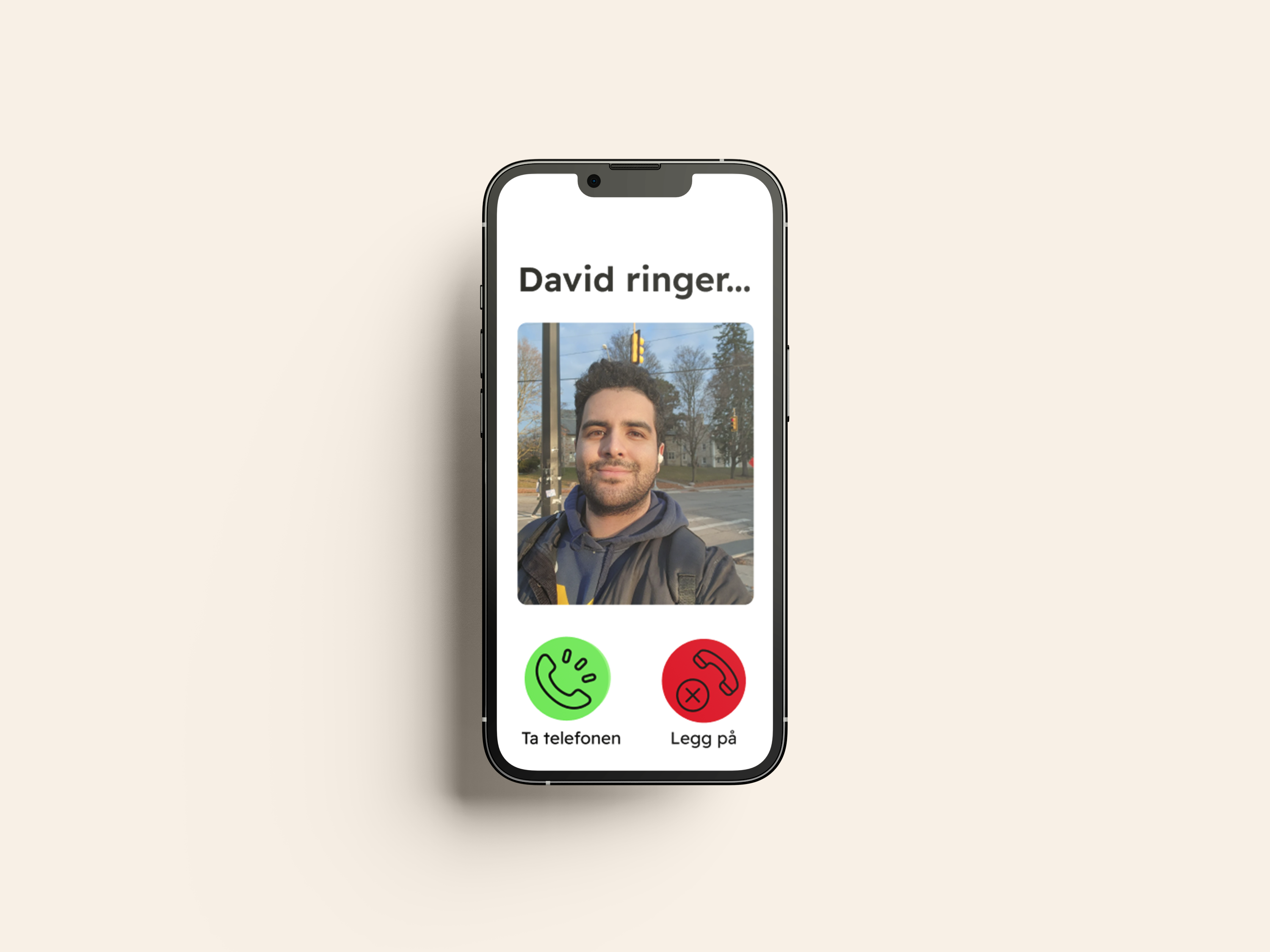 Smartphone screen showing incoming call from David ringer with answer and decline buttons.