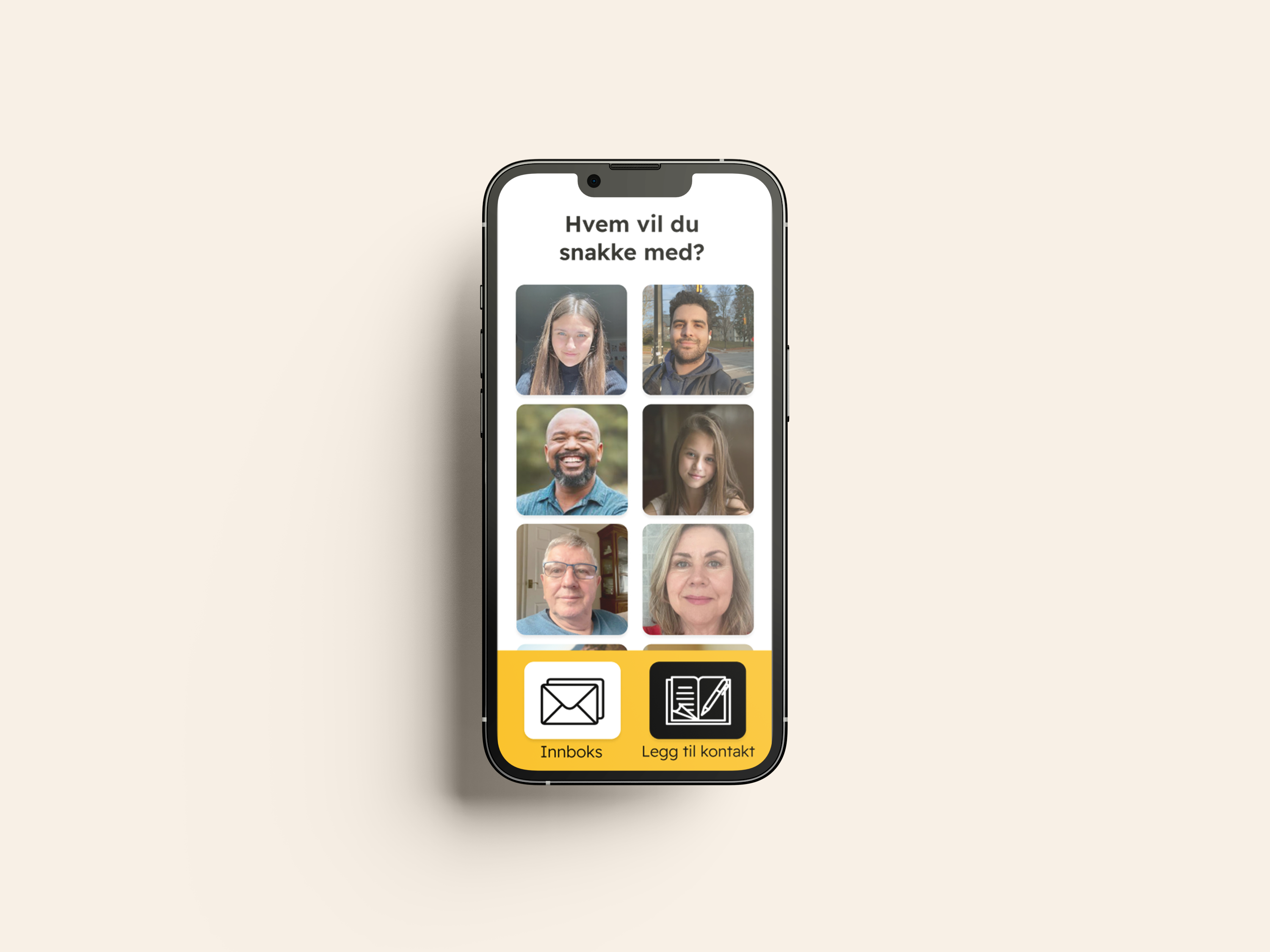 Smartphone screen shows six profile pictures with text asking who you want to talk to and two icons below.