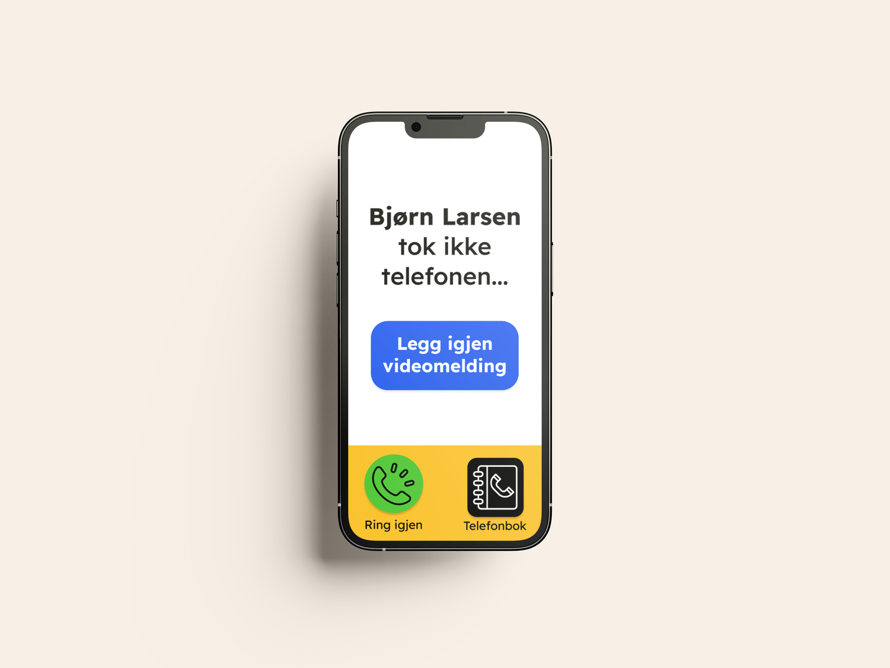 Phone screen shows message that Bjørn Larsen did not answer with options to leave video message or call back.