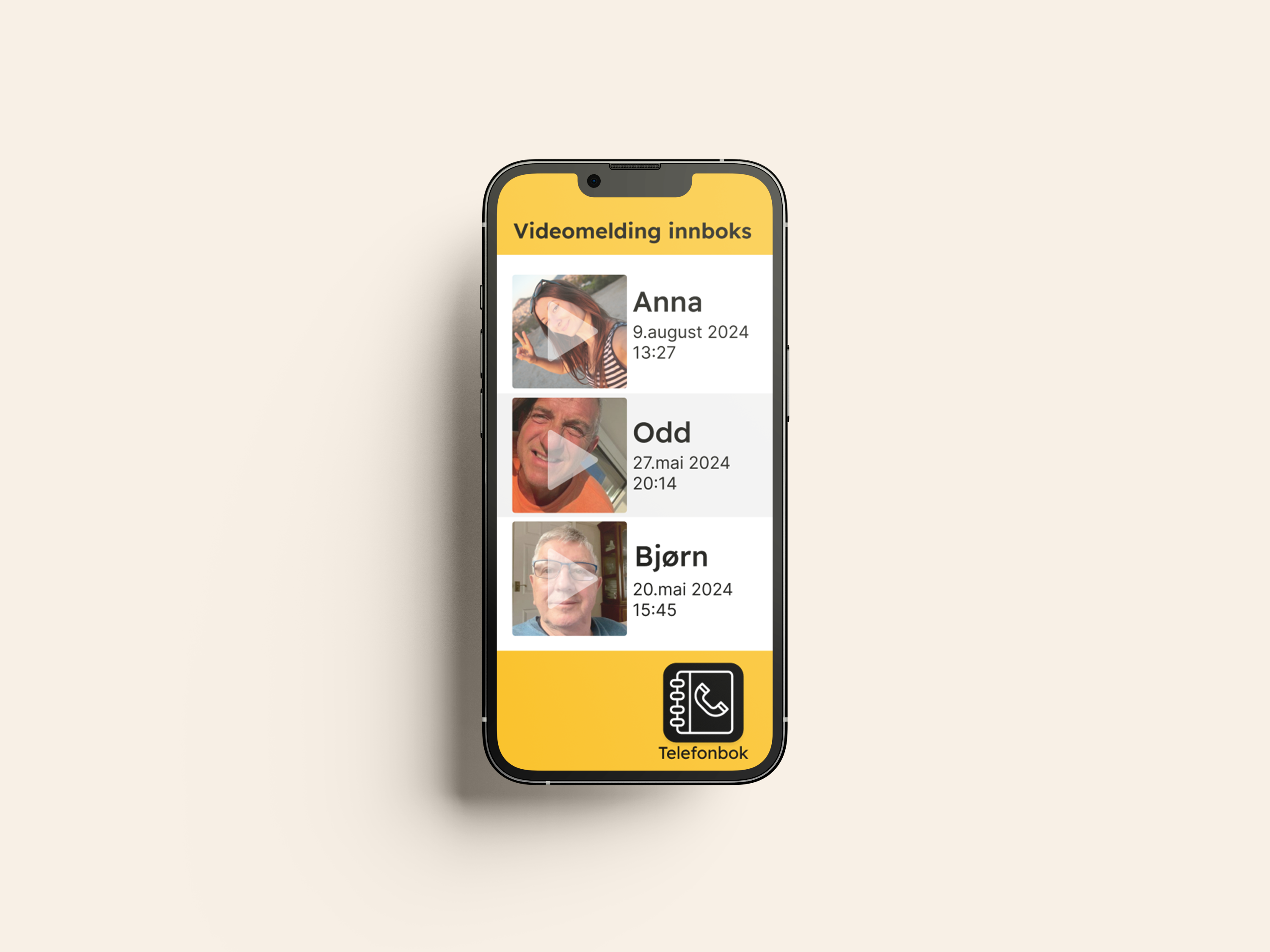 Smartphone screen showing video message inbox with three messages from Anna, Odd, and Bjørn.