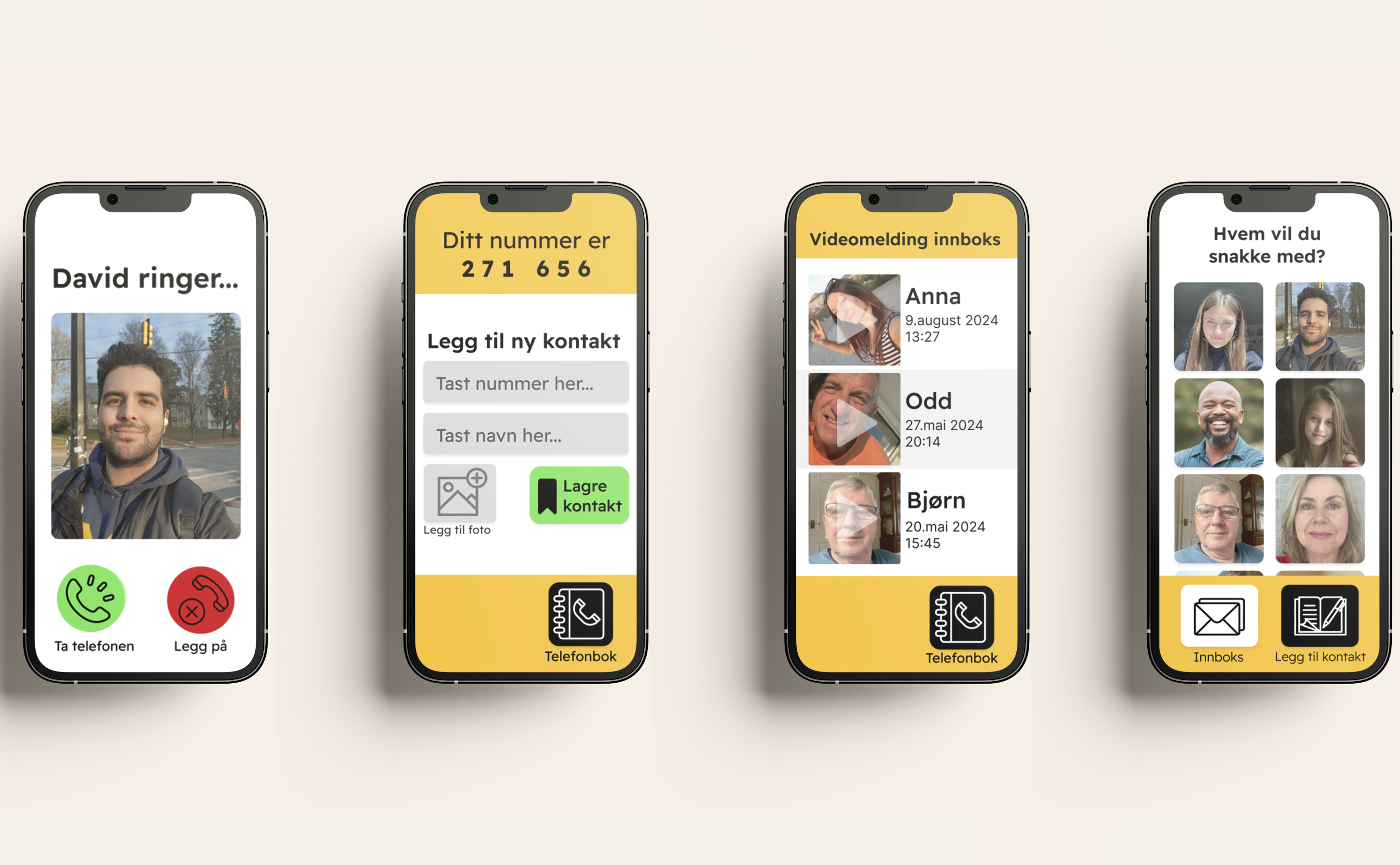 Four phone screens showing call interface, adding contacts, video message inbox, and contact selection in Norwegian.