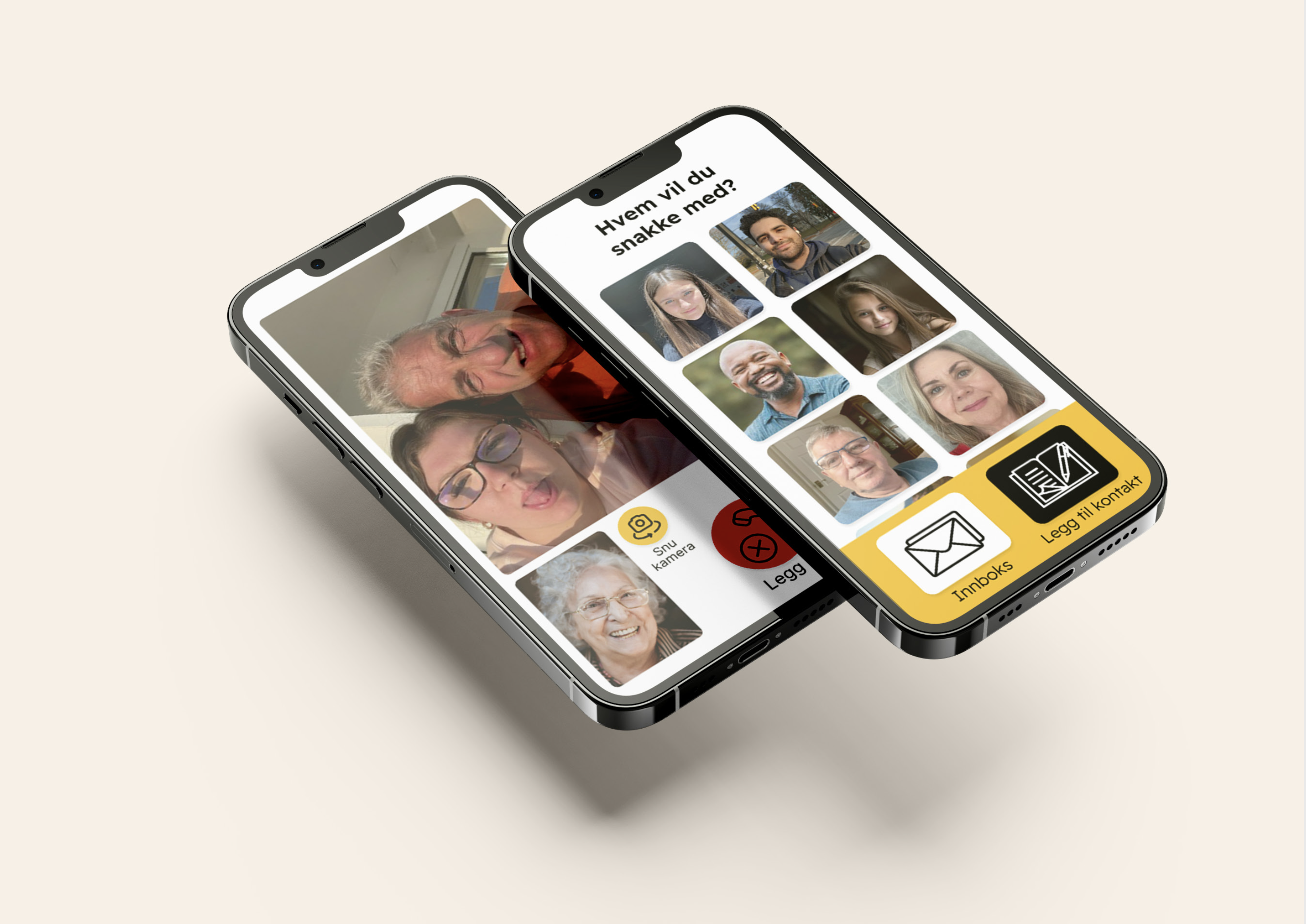 Two smartphones showing a video chat app with multiple profile photos and chat button icons.