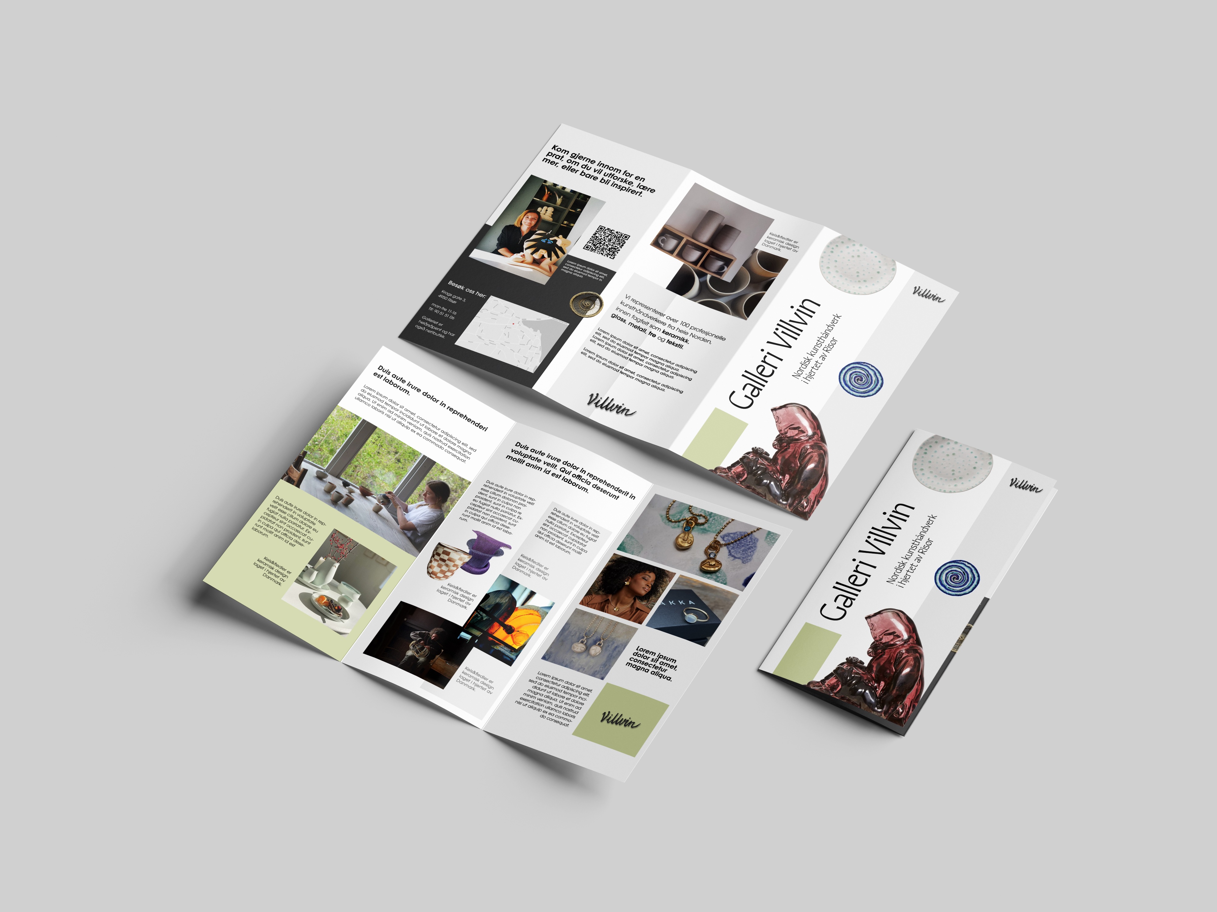 Tri-fold brochure for Galleri Villvin featuring art pieces like ceramics and jewelry with text and photos.