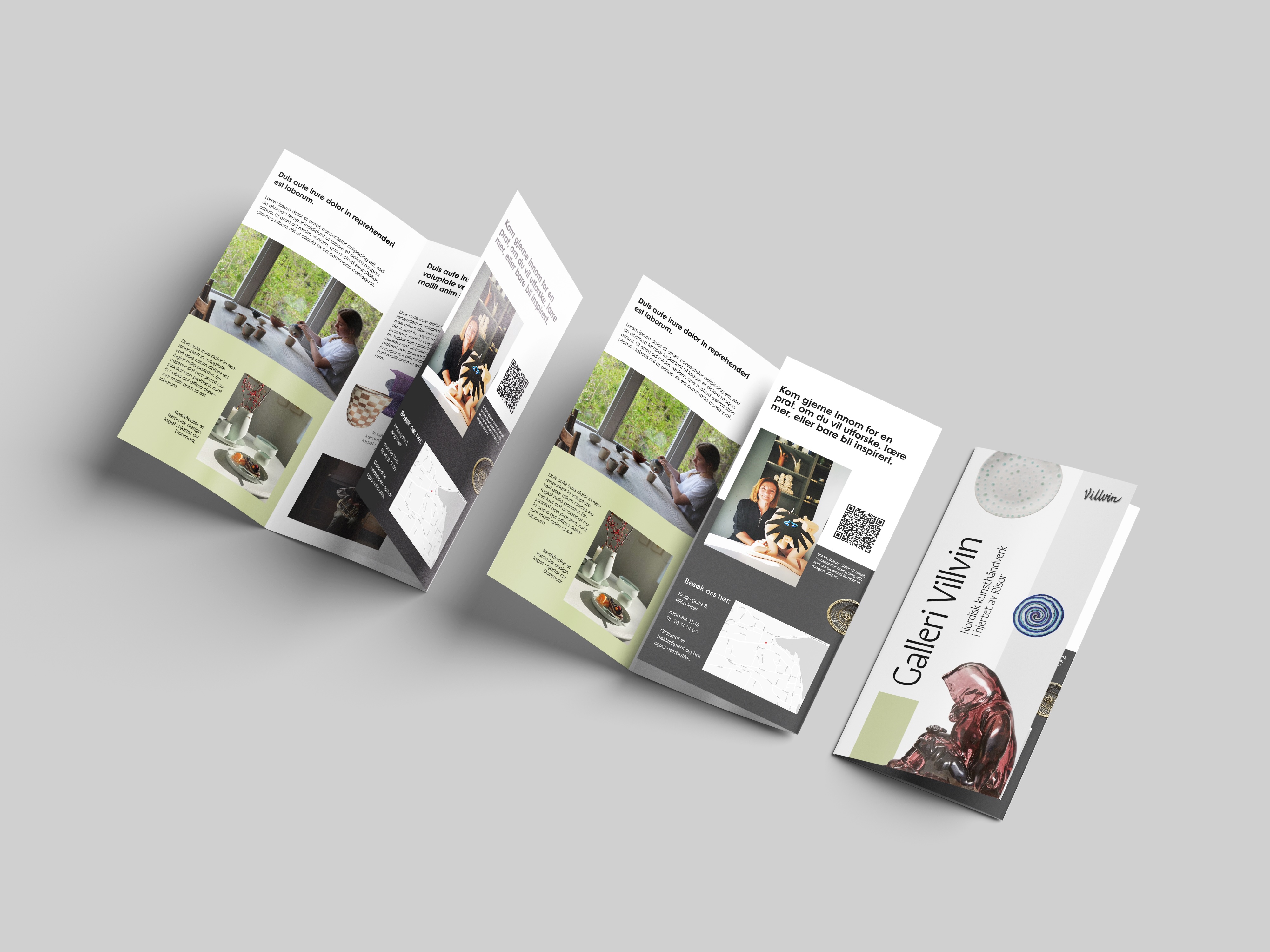 Tri-fold brochure for Galleri VillVin displaying art photos, text blocks, a map, and QR codes on light backgrounds.