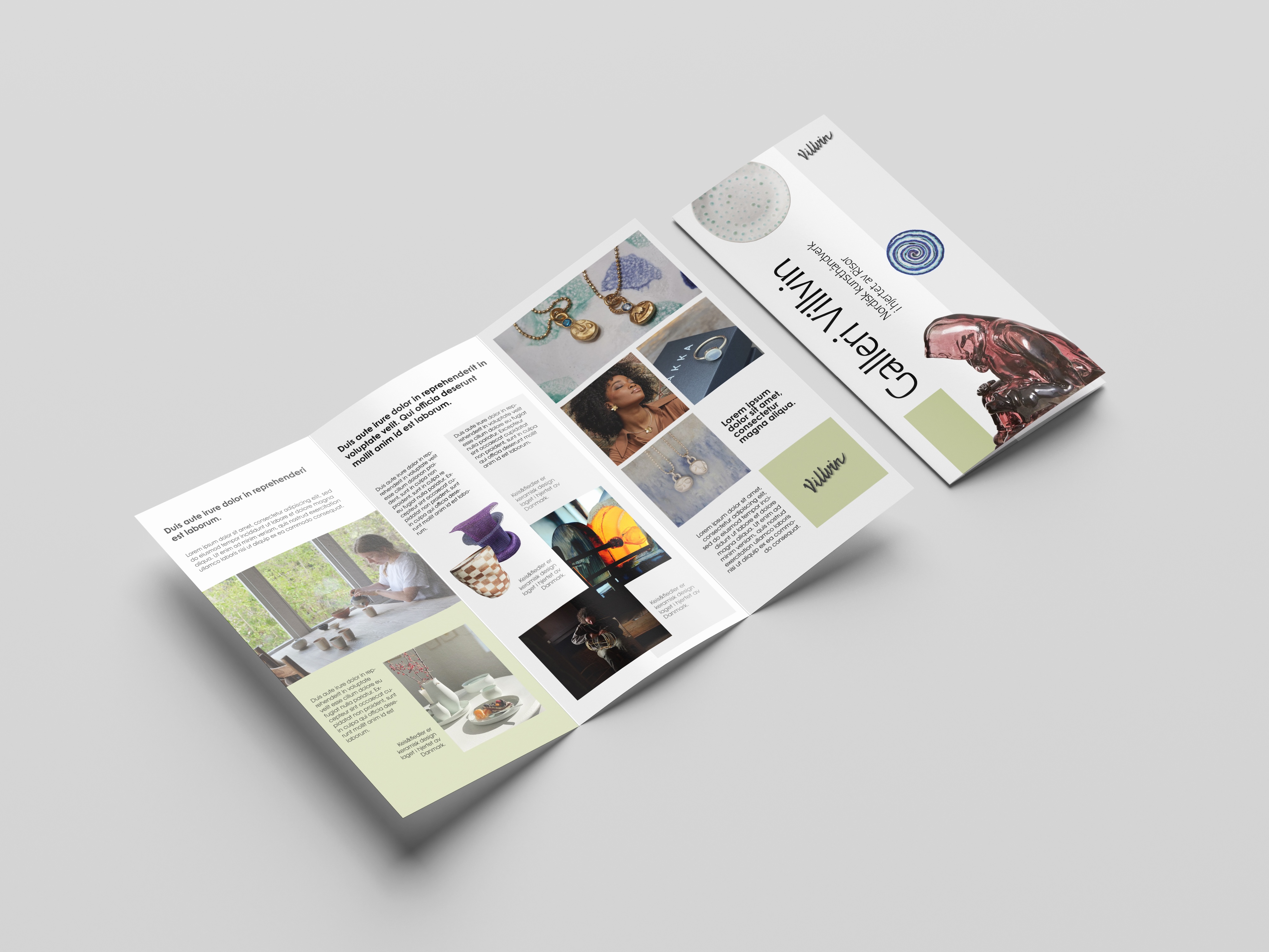 Trifold brochure featuring jewelry photos, product descriptions, and artistic pottery images on a light background.