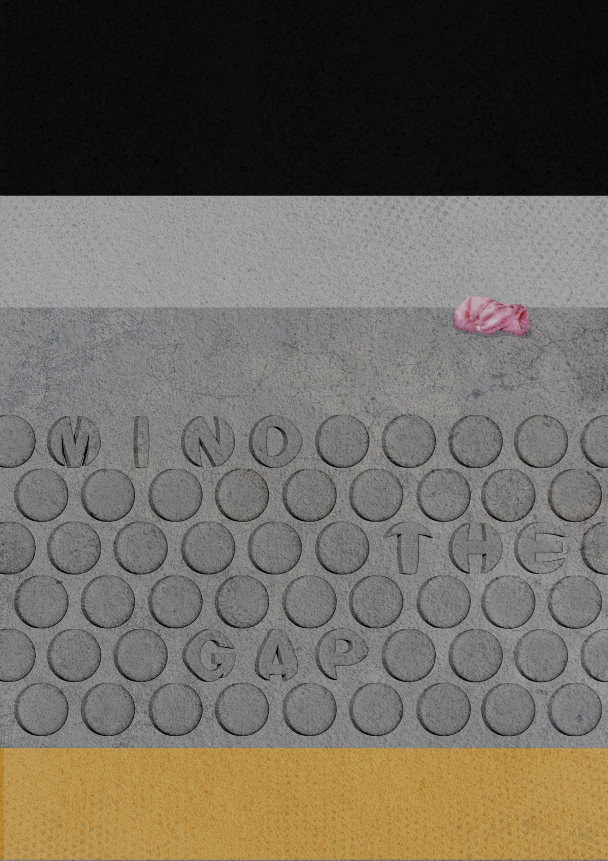 Sidewalk tactile paving with the embossed phrase 'MIND THE GAP' and a small pink object on it.