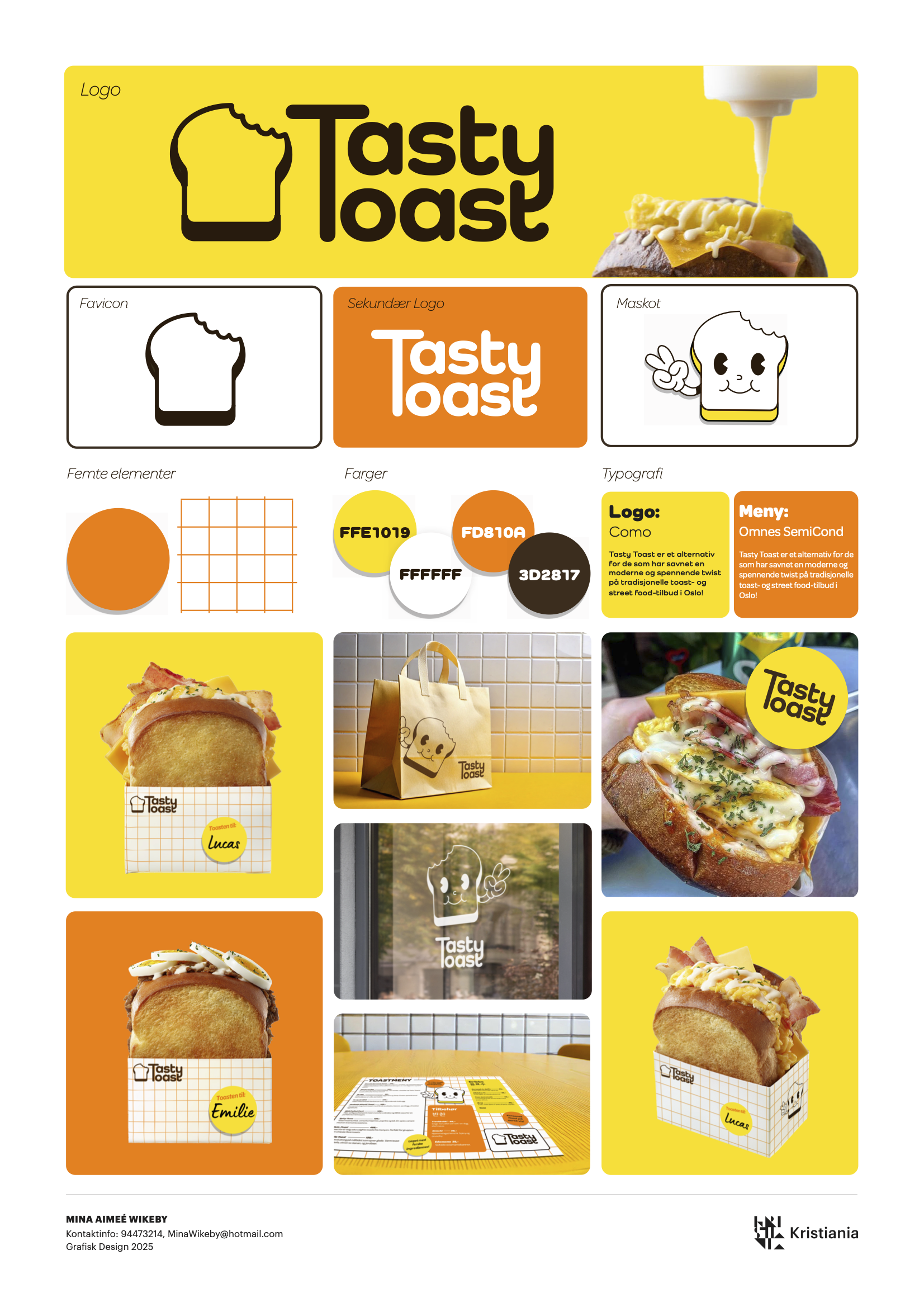 Brand board for Tasty Toast with logos, mascot, colors, typography, packaging, and menu samples.