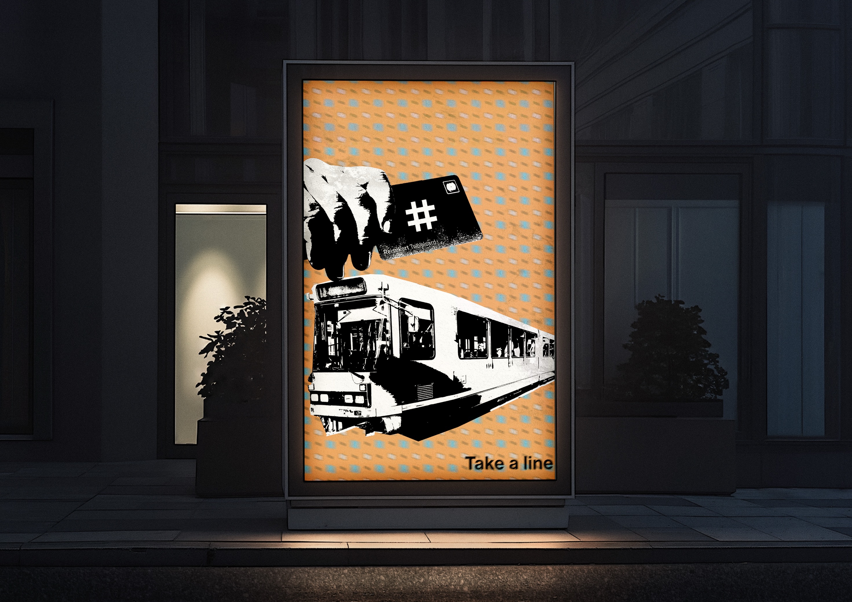 Street ad showing a hand holding a transit card above a train with text 'Take a line'.