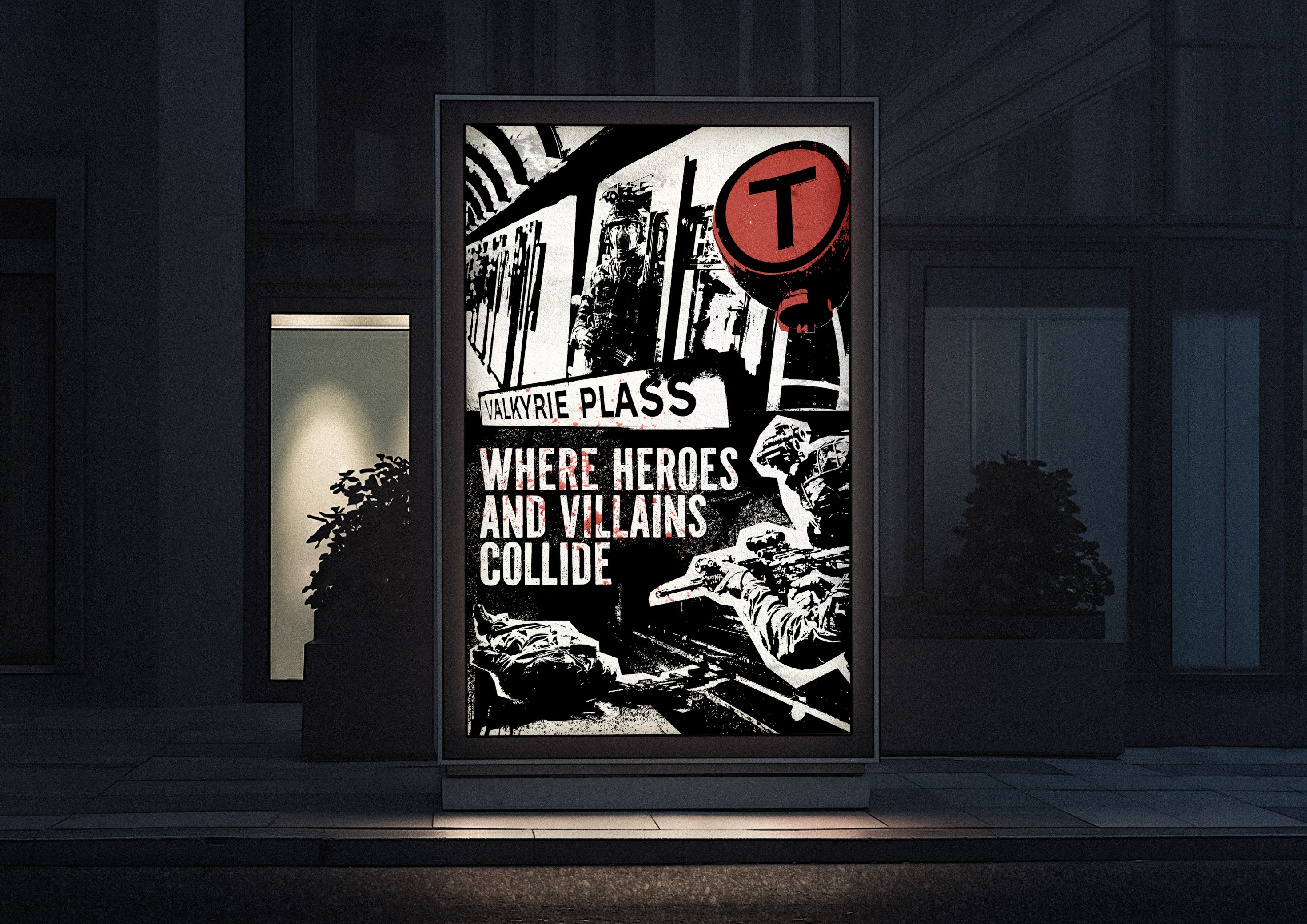 Backlit poster shows soldiers in combat gear with text 'Valkyrie Plass where heroes and villains collide.'