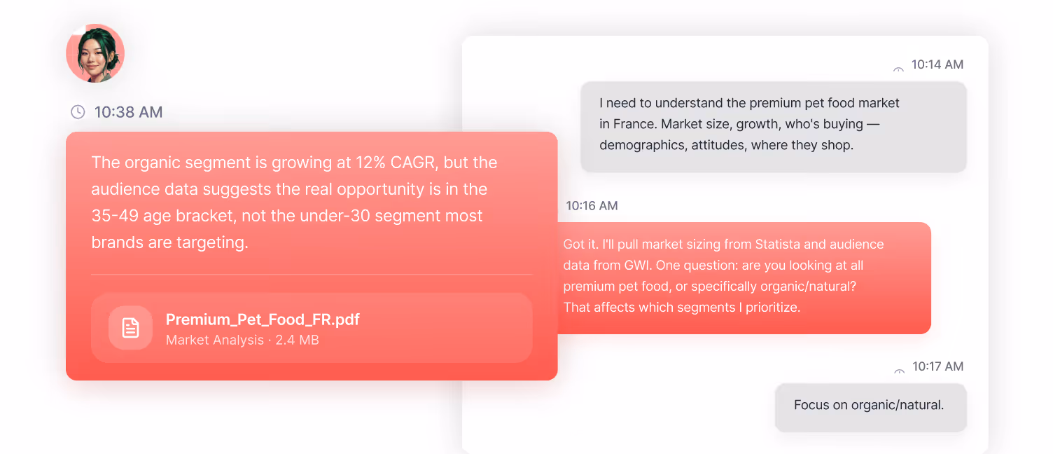 Screenshot of a chat conversation about analyzing the premium pet food market in France, discussing market size, growth, demographics, and a shared PDF report titled Premium_Pet_Food_FR.pdf.