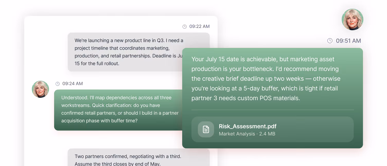 Chat conversation about coordinating a product launch timeline and marketing asset production with a Risk_Assessment.pdf attachment.