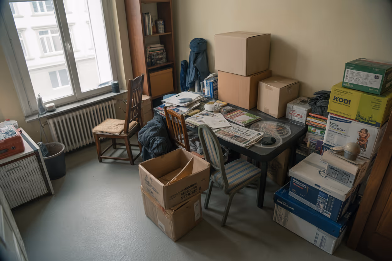 Ein Raum vor einer Entrümpelung und Haushaltsauflösung mit einem Tisch voller Zeitungen und Büchern sowie mehreren Stühlen vor einem Fenster.