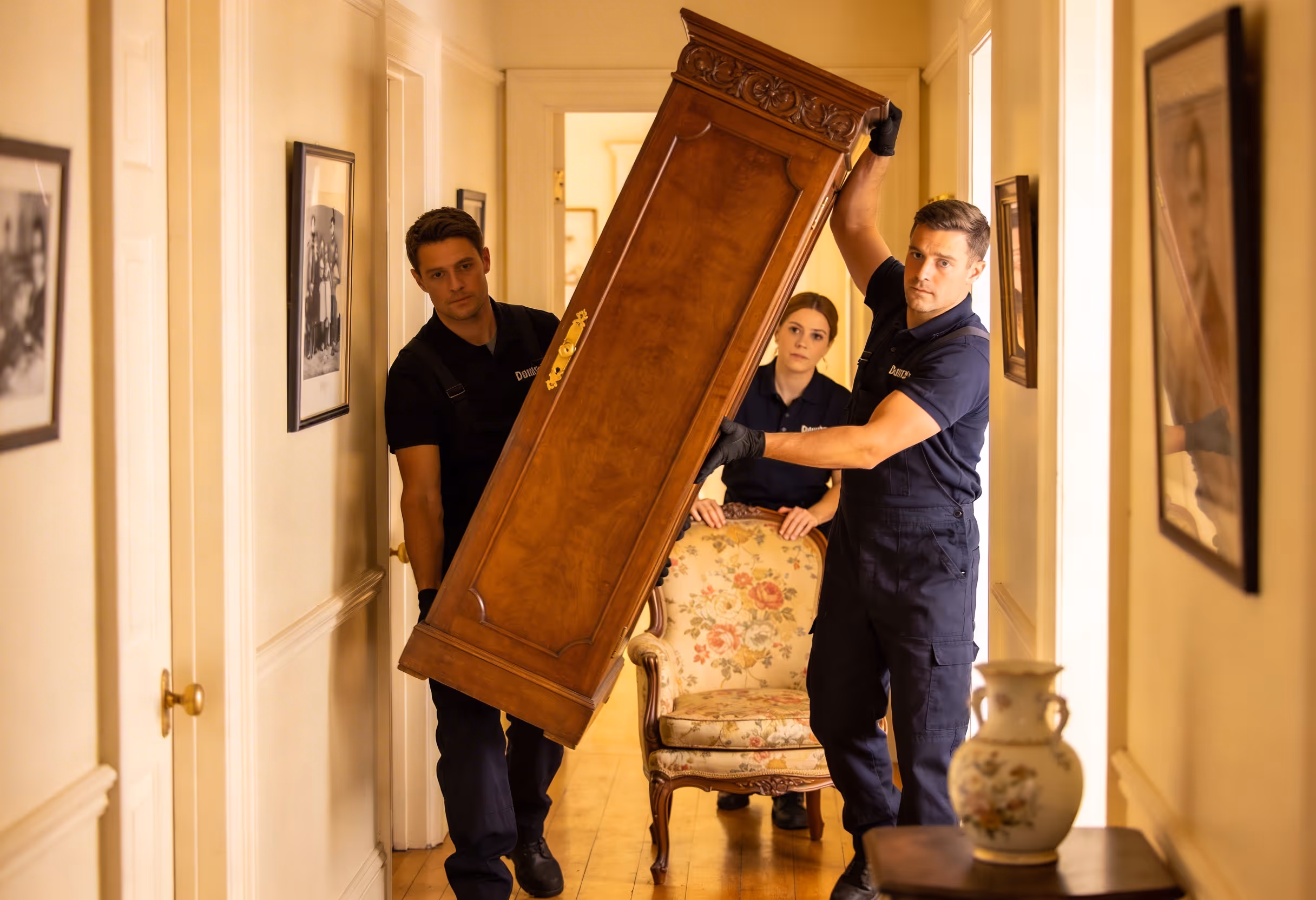 Zwei Männer kümmern sich um eine Haushaltsauflösung und tragen gemeinsam einen großen hölzernen Schrank durch einen Flur, eine Frau folgt mit einem gemusterten Sessel.