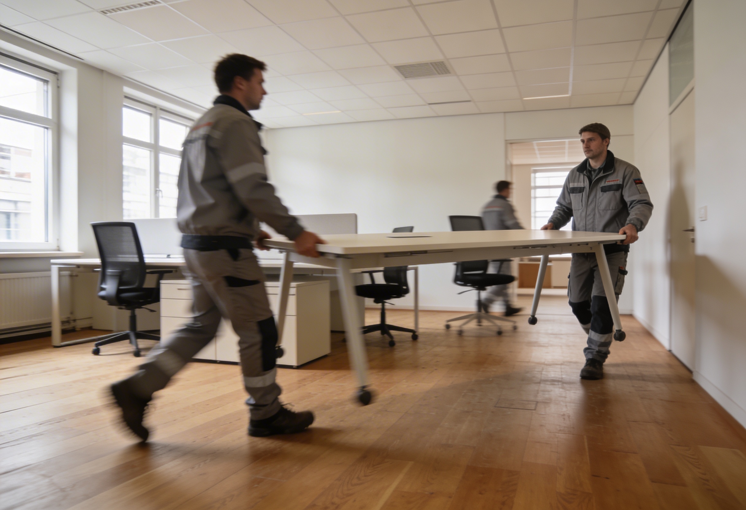 Zwei Männer in Arbeitskleidung tragen einen großen Schreibtisch in ein Büro mit Holzboden und mehreren Bürostühlen.