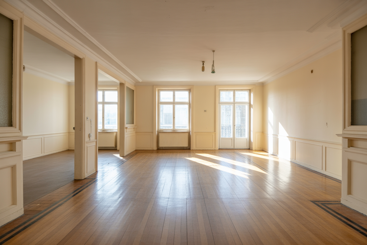 Großer leerer Raum mit Holzfußboden, hellen Wänden, hohen Fenstern und zwei Durchgängen zu angrenzenden Zimmern.