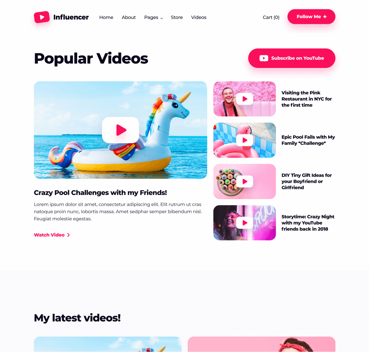 Influencer - Videos page - Influencer Webflow Template