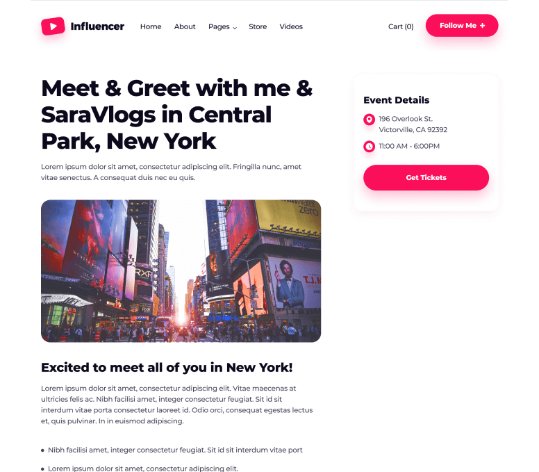 Influencer - Single Events page - Influencer Webflow Template