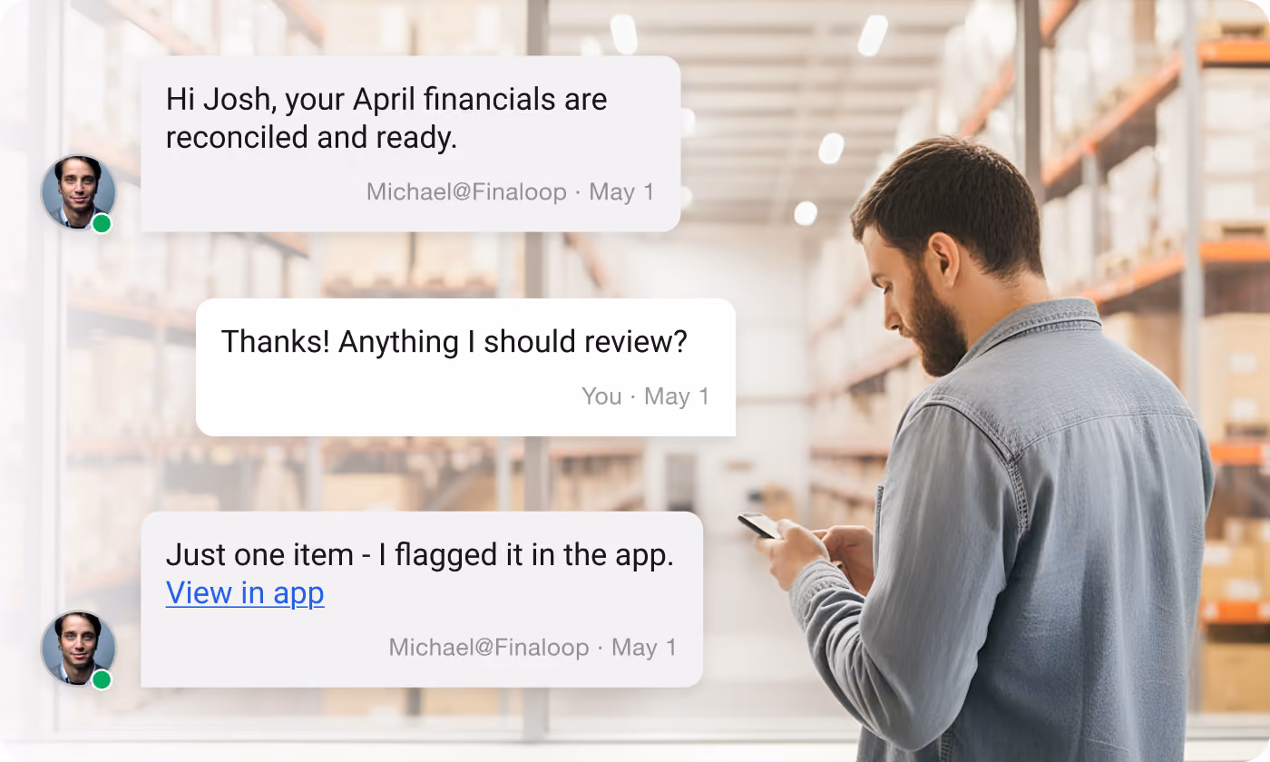 Finaloop platform and services showcasing real-time accounting, inventory, analytics, and AI-powered finance workflows.