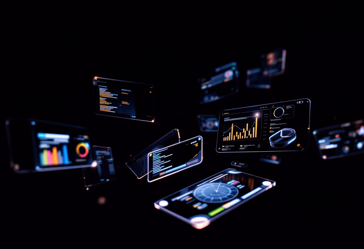 Floating transparent screens displaying charts, graphs, and code on a black background.