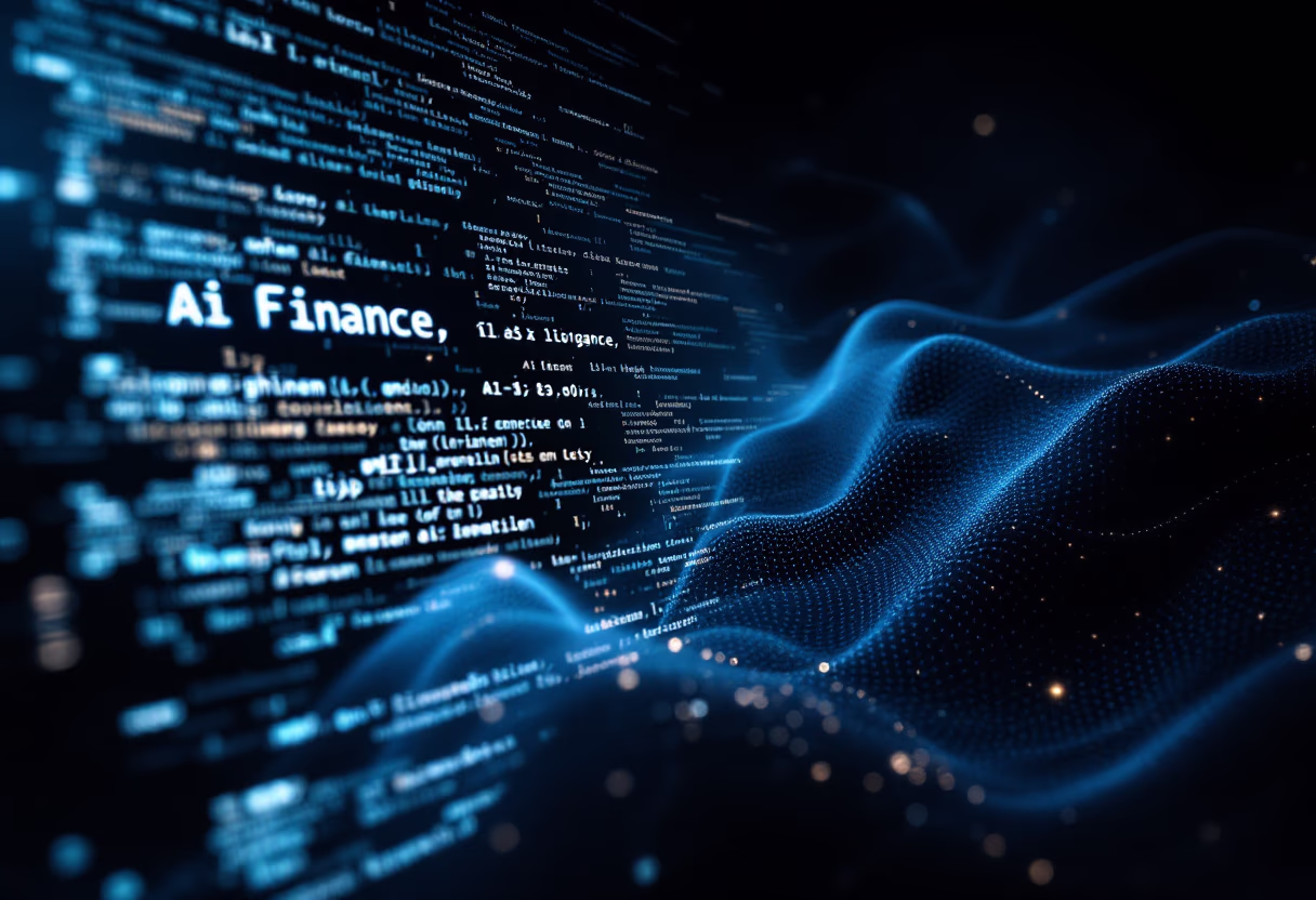 Blue glowing AI Finance text with lines of code and digital wave patterns on a dark background.